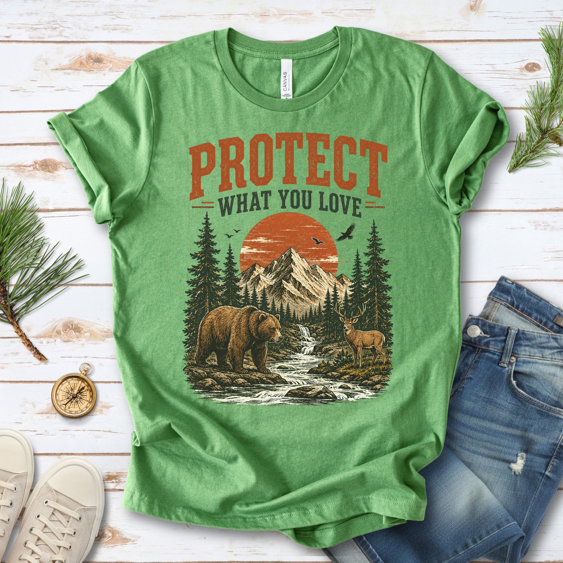 Protect What You Love Retro Bear Deer Mountain Nature Graphic T-Shirt