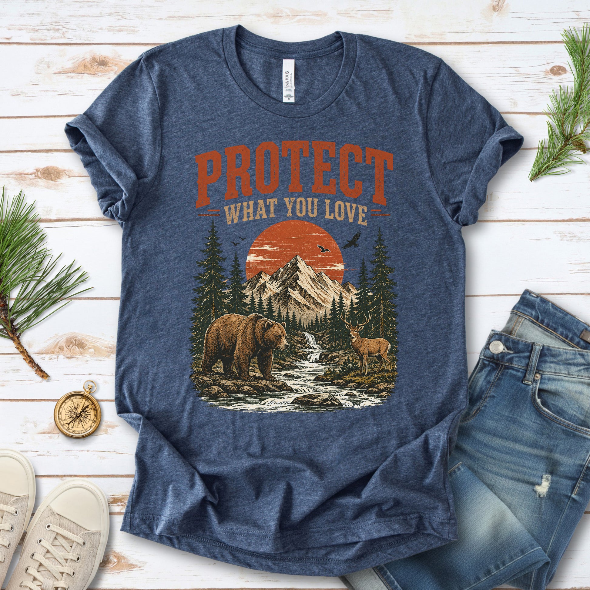 Protect What You Love Retro Bear Deer Mountain Nature Graphic T-Shirt