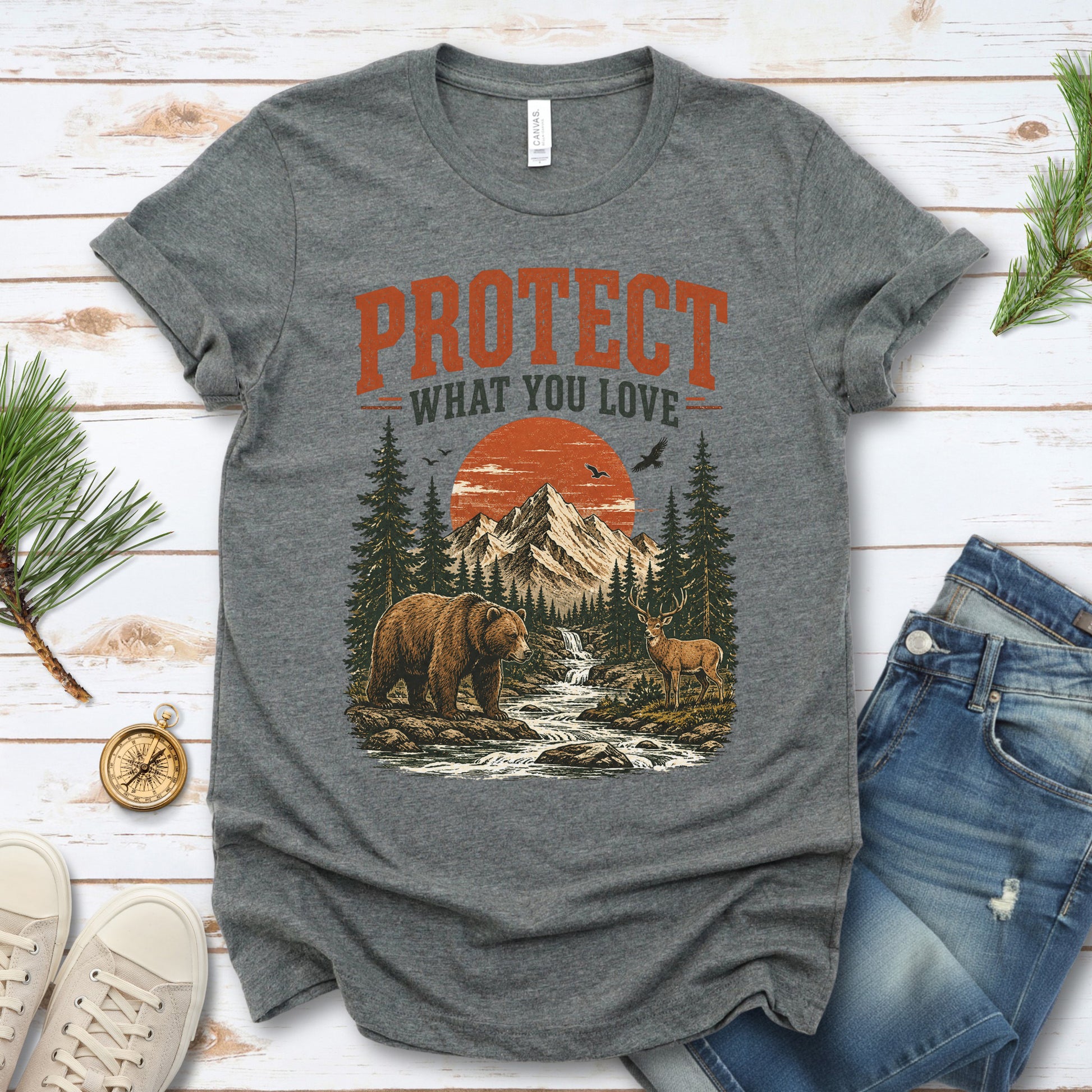 Protect What You Love Retro Bear Deer Mountain Nature Graphic T-Shirt