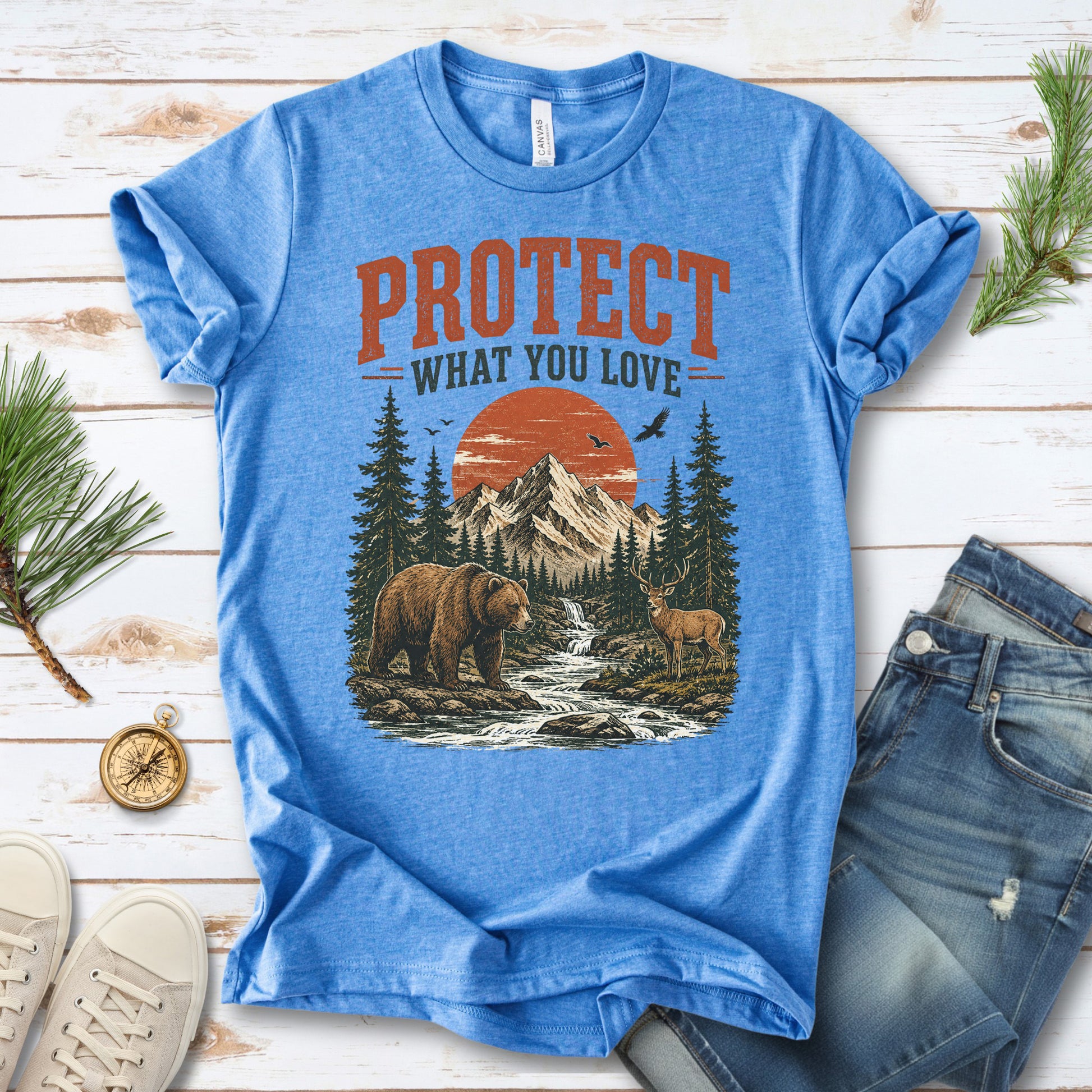 Protect What You Love Retro Bear Deer Mountain Nature Graphic T-Shirt