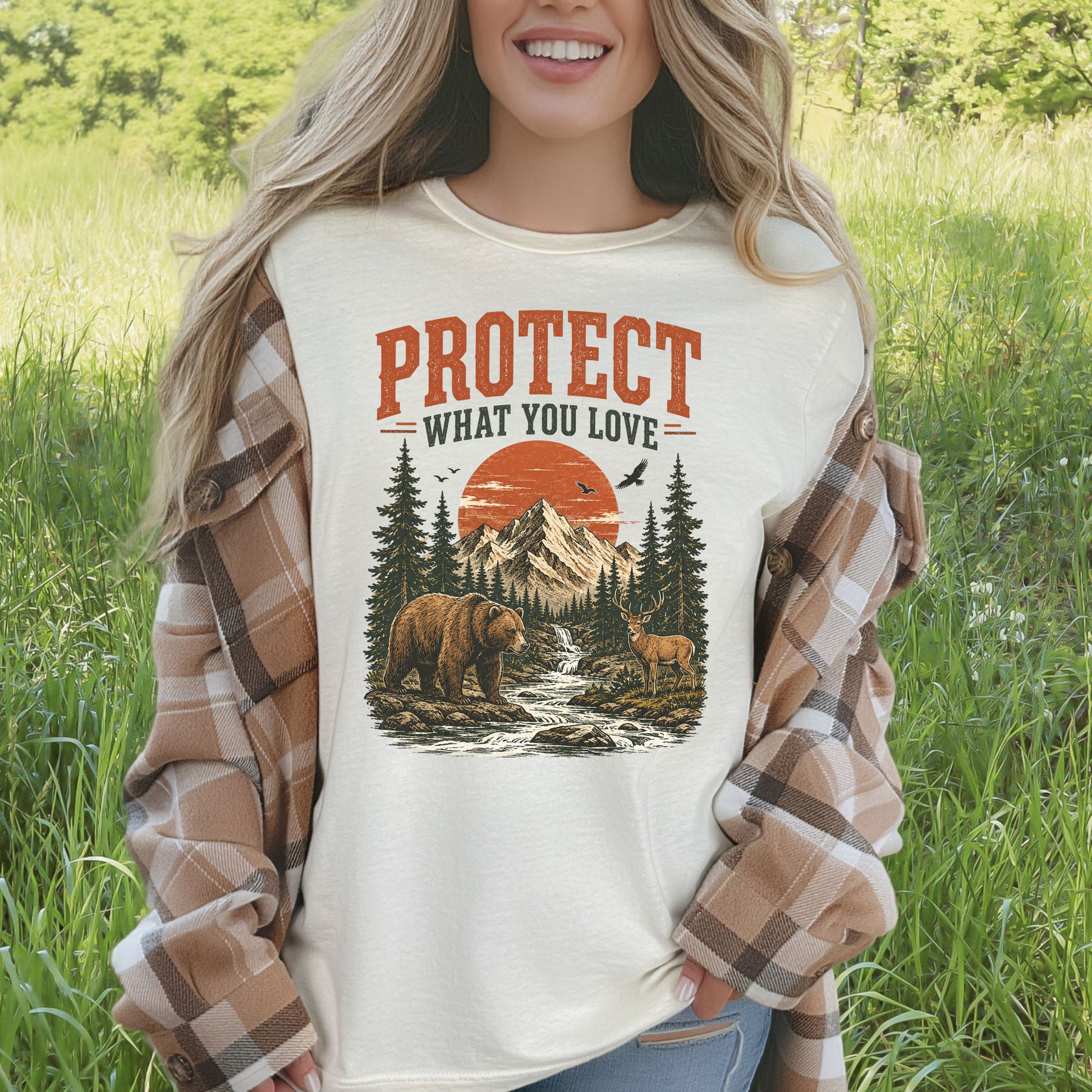 Protect What You Love Retro Bear Deer Mountain Nature Graphic T-Shirt