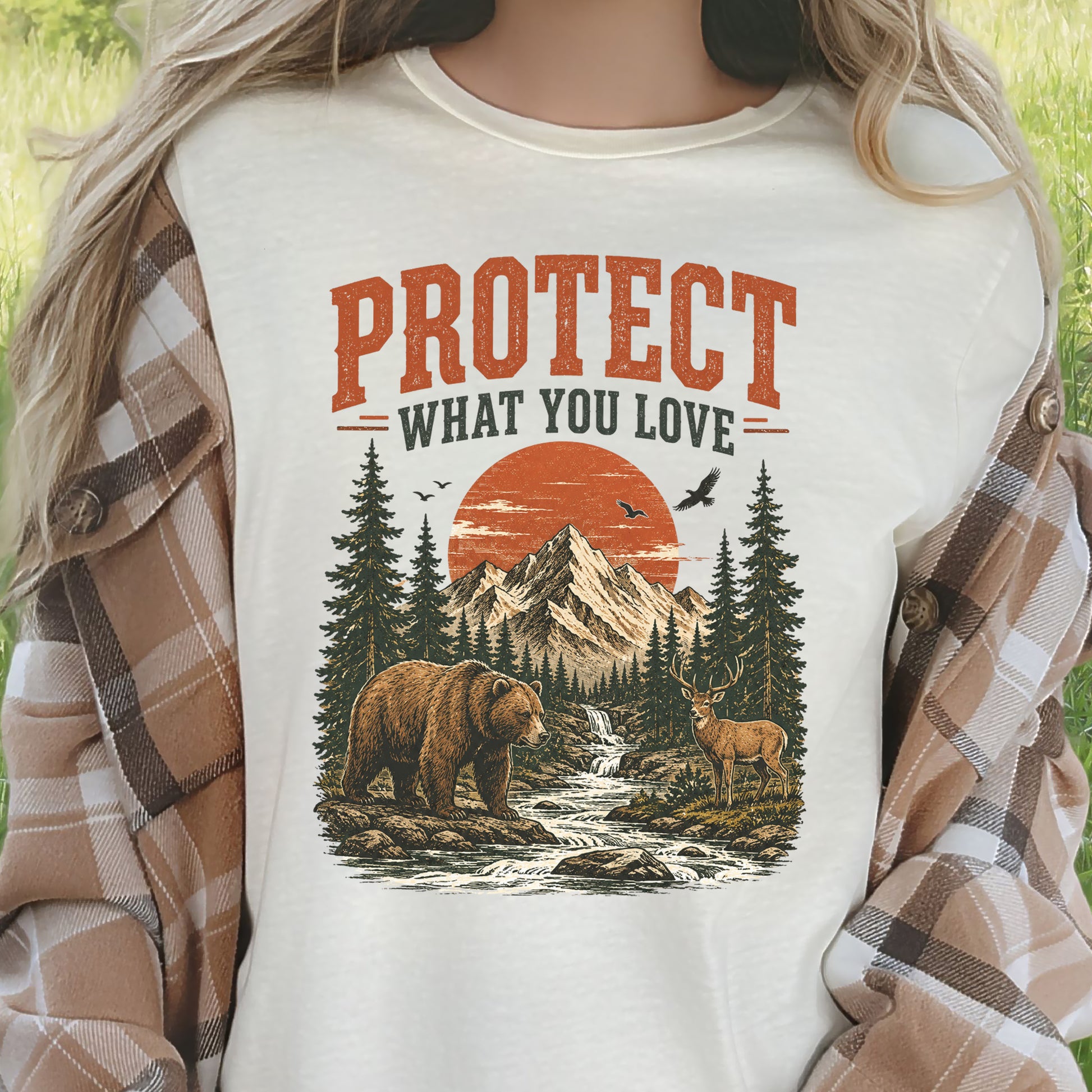 Protect What You Love Retro Bear Deer Mountain Nature Graphic T-Shirt