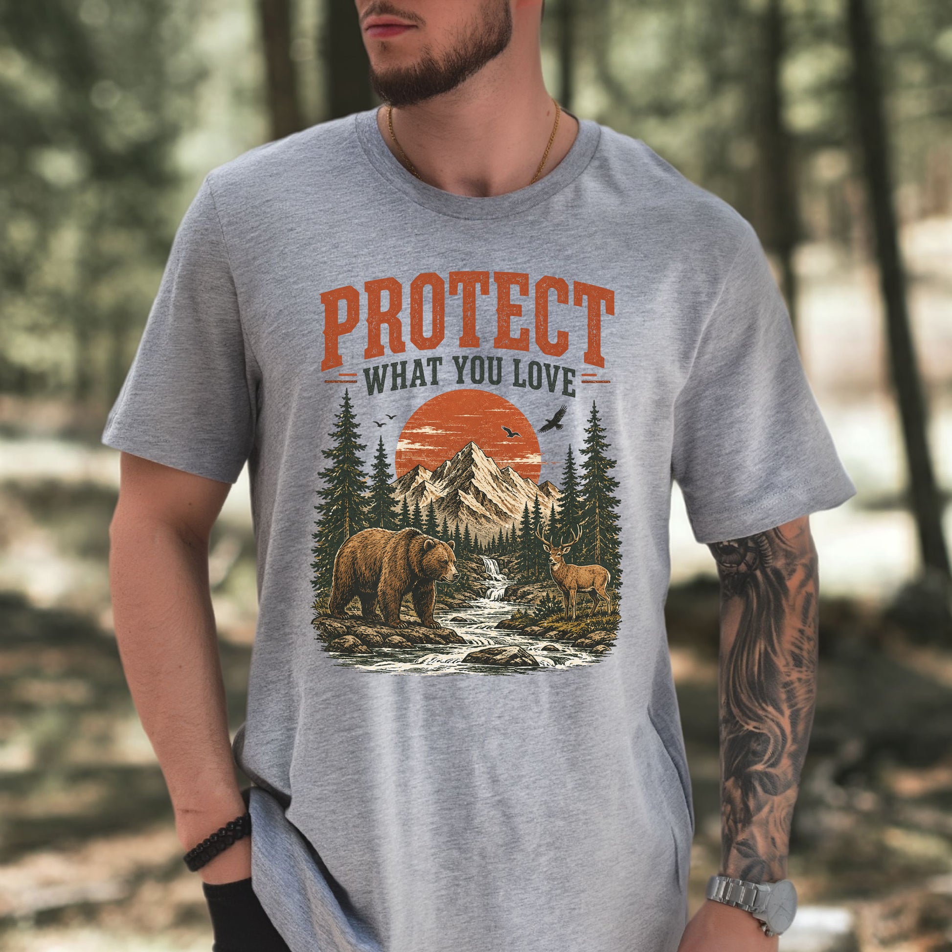 Protect What You Love Retro Bear Deer Mountain Nature Graphic T-Shirt