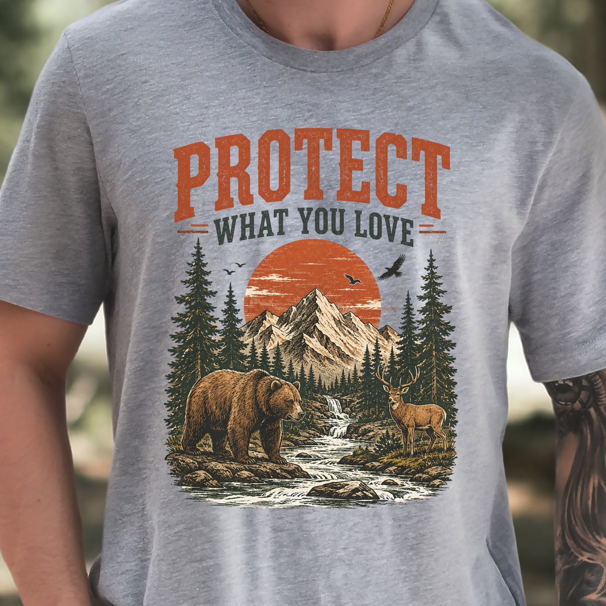 Protect What You Love Retro Bear Deer Mountain Nature Graphic T-Shirt