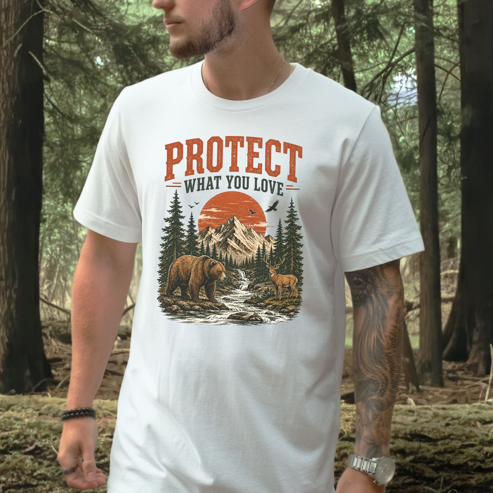 Protect What You Love Retro Bear Deer Mountain Nature Graphic T-Shirt