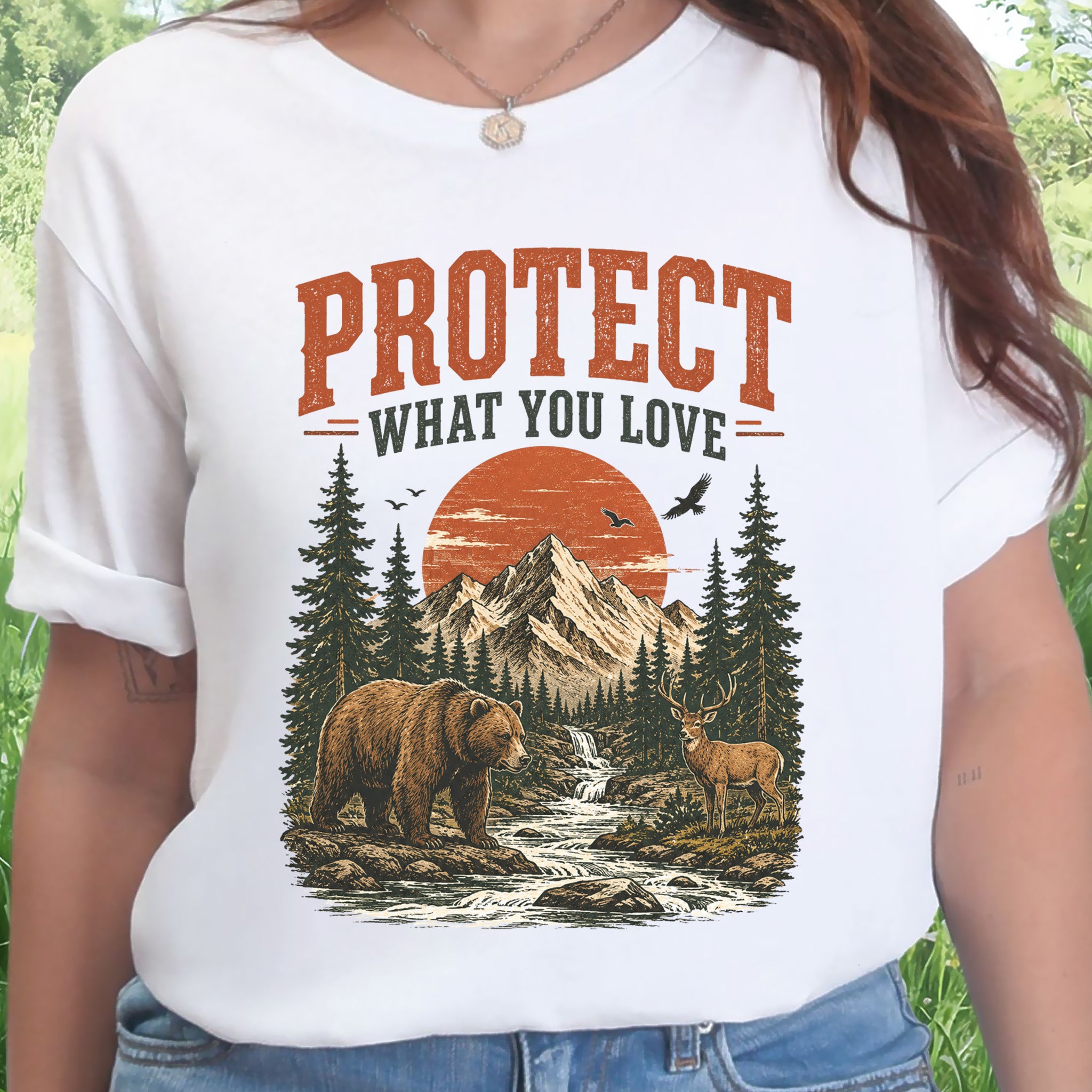 Protect What You Love Retro Bear Deer Mountain Nature Graphic T-Shirt