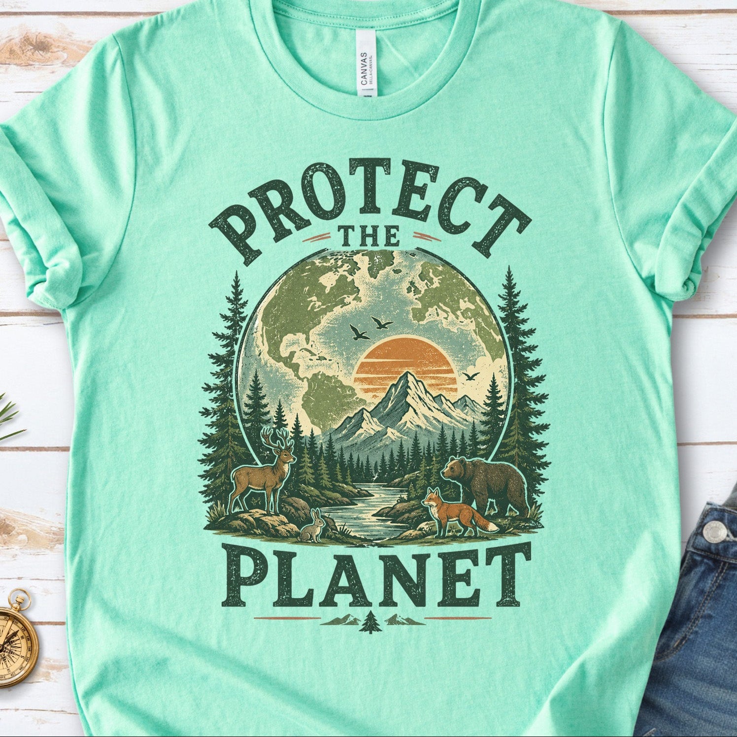 Protect the Planet Retro Wildlife Mountain Nature Lover T-Shirt