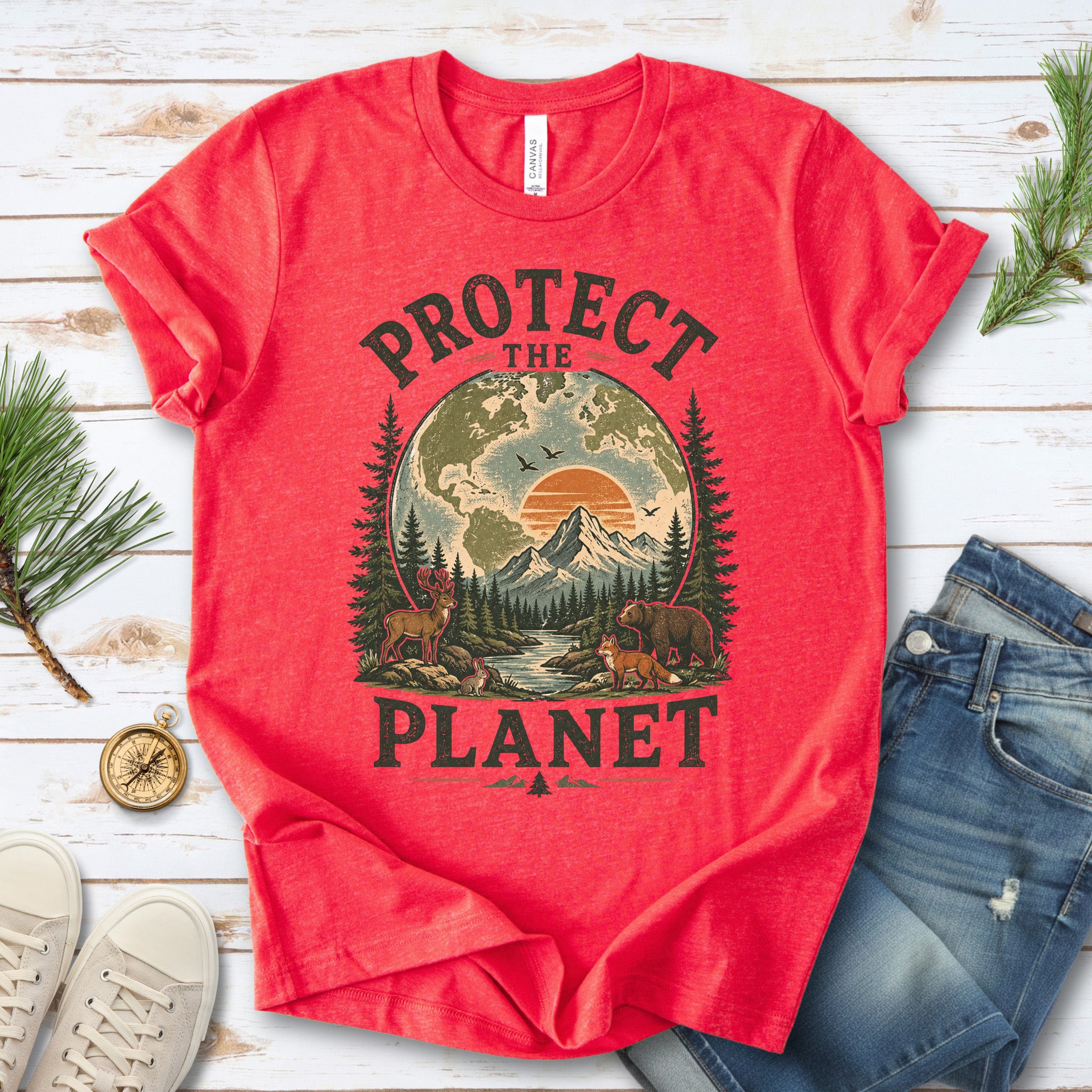 Protect the Planet Retro Wildlife Mountain Nature Lover T-Shirt