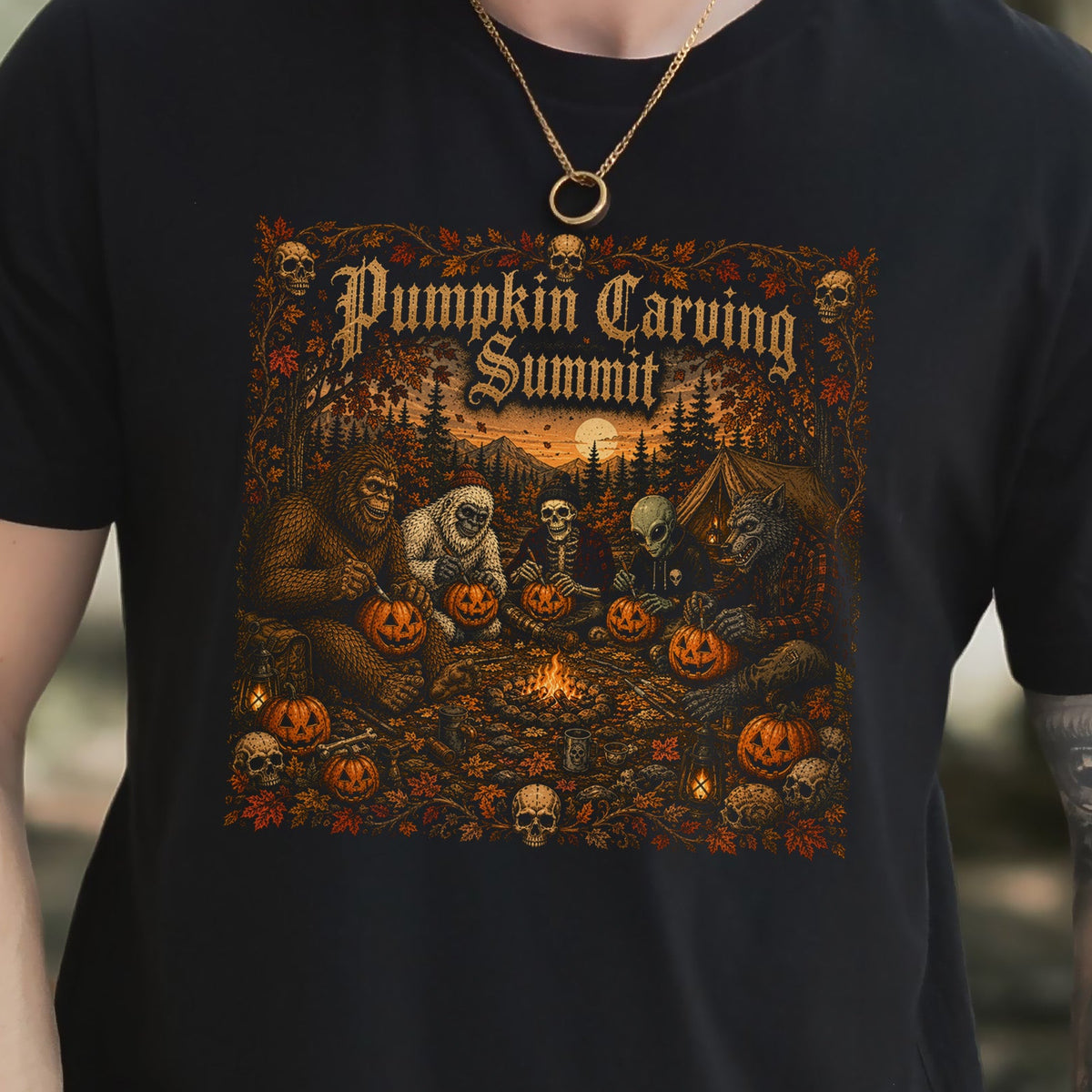 Pumpkin Carving Summit Cryptid Campfire Halloween T-Shirt
