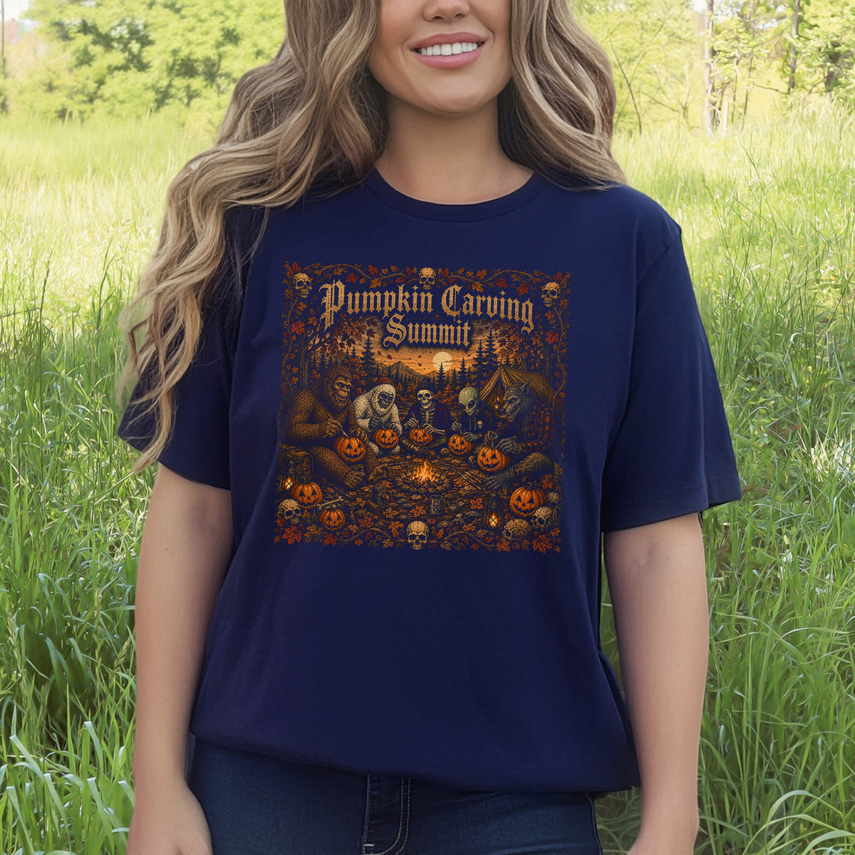 Pumpkin Carving Summit Cryptid Campfire Halloween T-Shirt