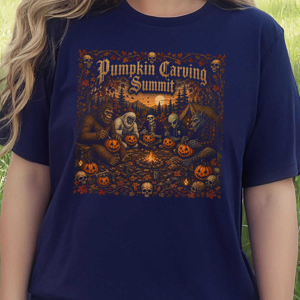 Pumpkin Carving Summit Cryptid Campfire Halloween T-Shirt