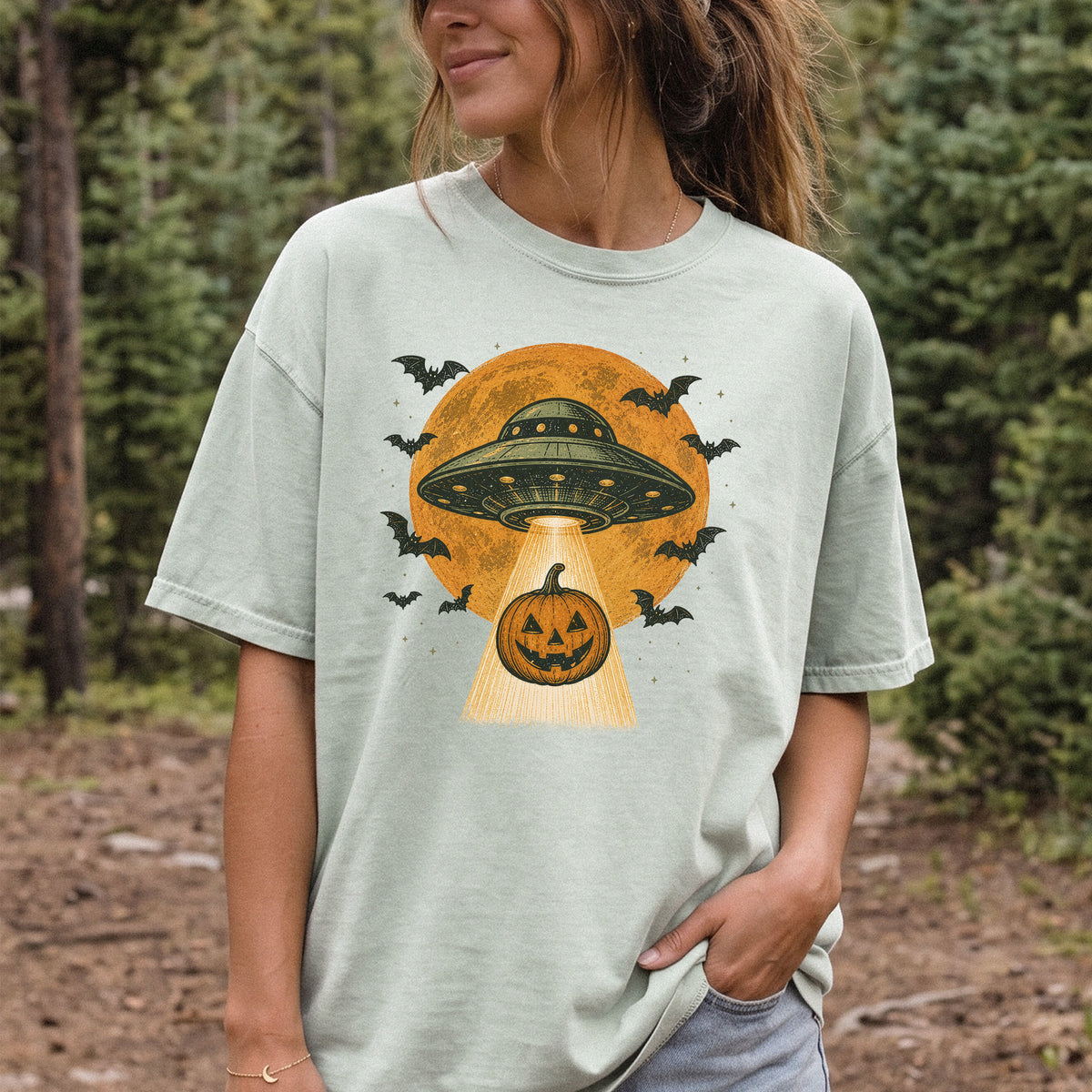 Pumpkin Pickup UFO Alien Abduction Retro Halloween Sci-Fi Comfort Colors Shirt