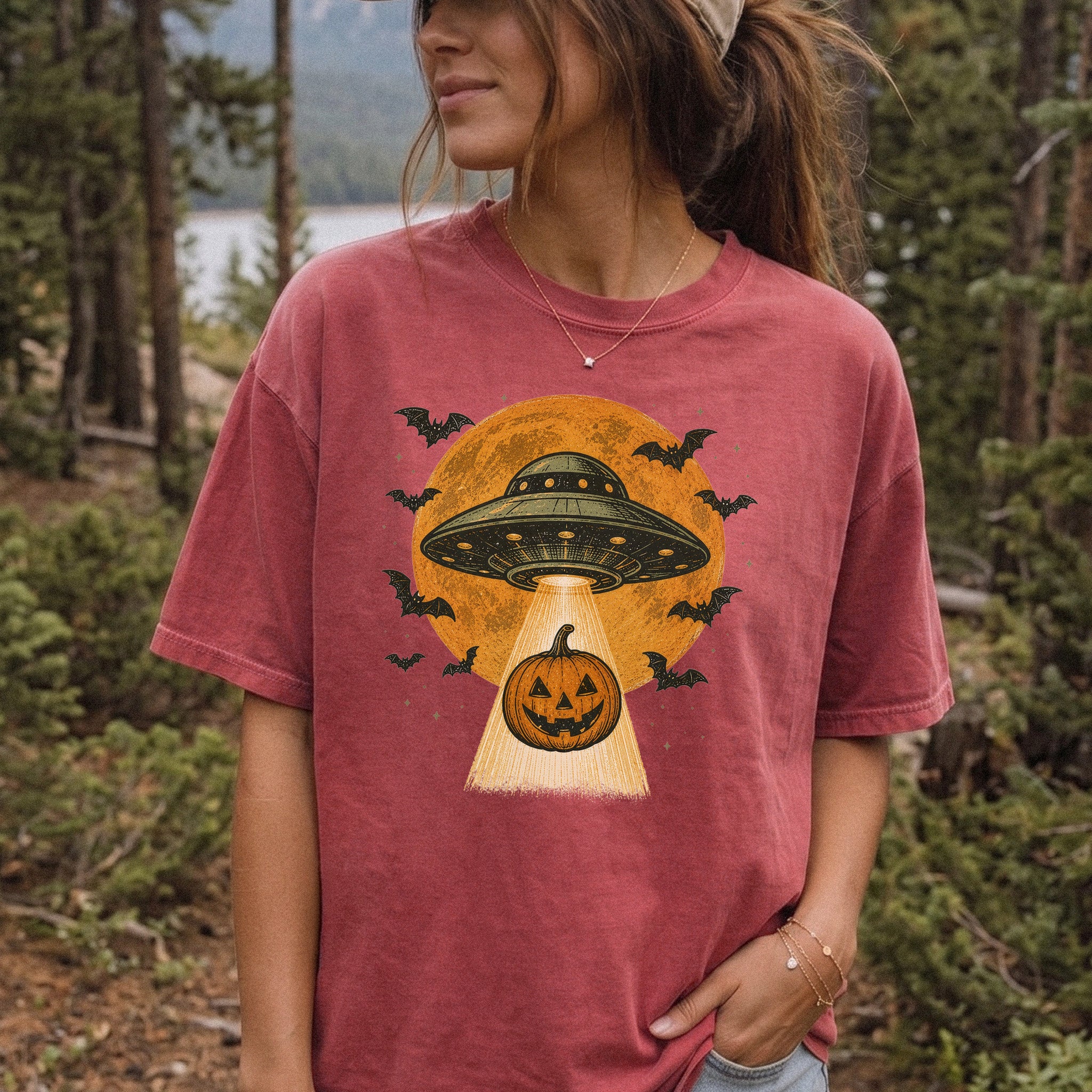 Pumpkin Pickup UFO Alien Abduction Retro Halloween Sci-Fi Comfort Colors Shirt