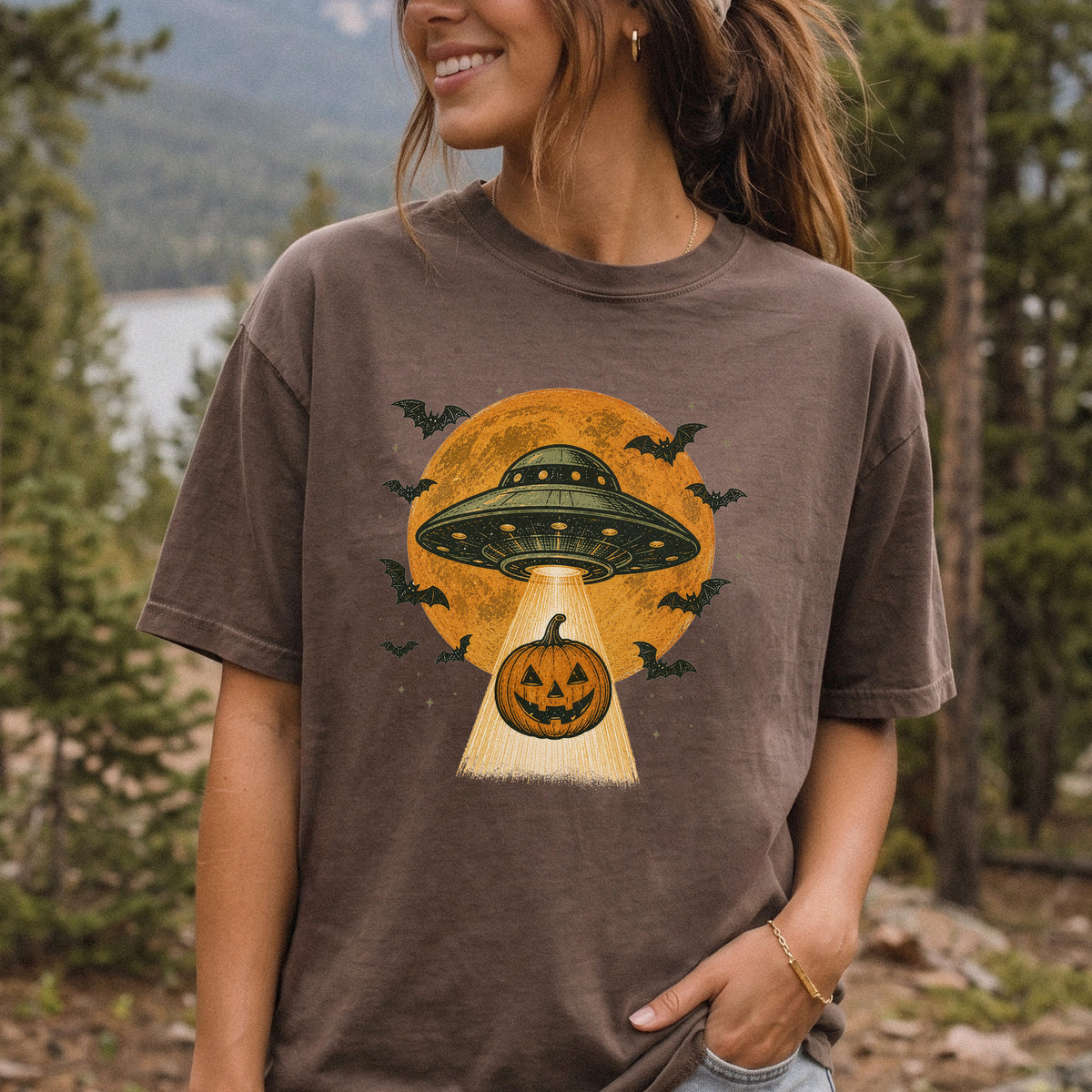 Pumpkin Pickup UFO Alien Abduction Retro Halloween Sci-Fi Comfort Colors Shirt
