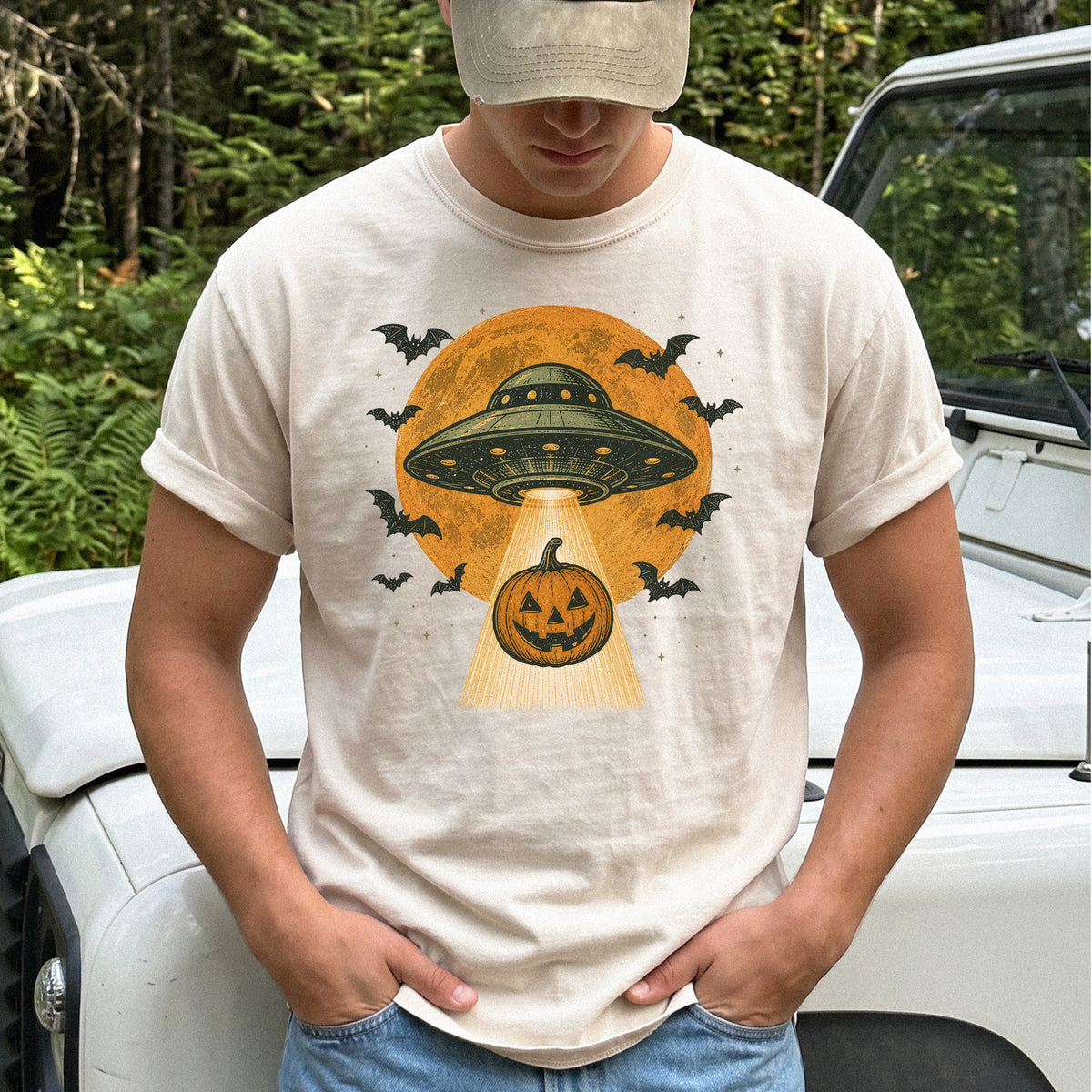 Pumpkin Pickup UFO Alien Abduction Retro Halloween Sci-Fi Comfort Colors Shirt