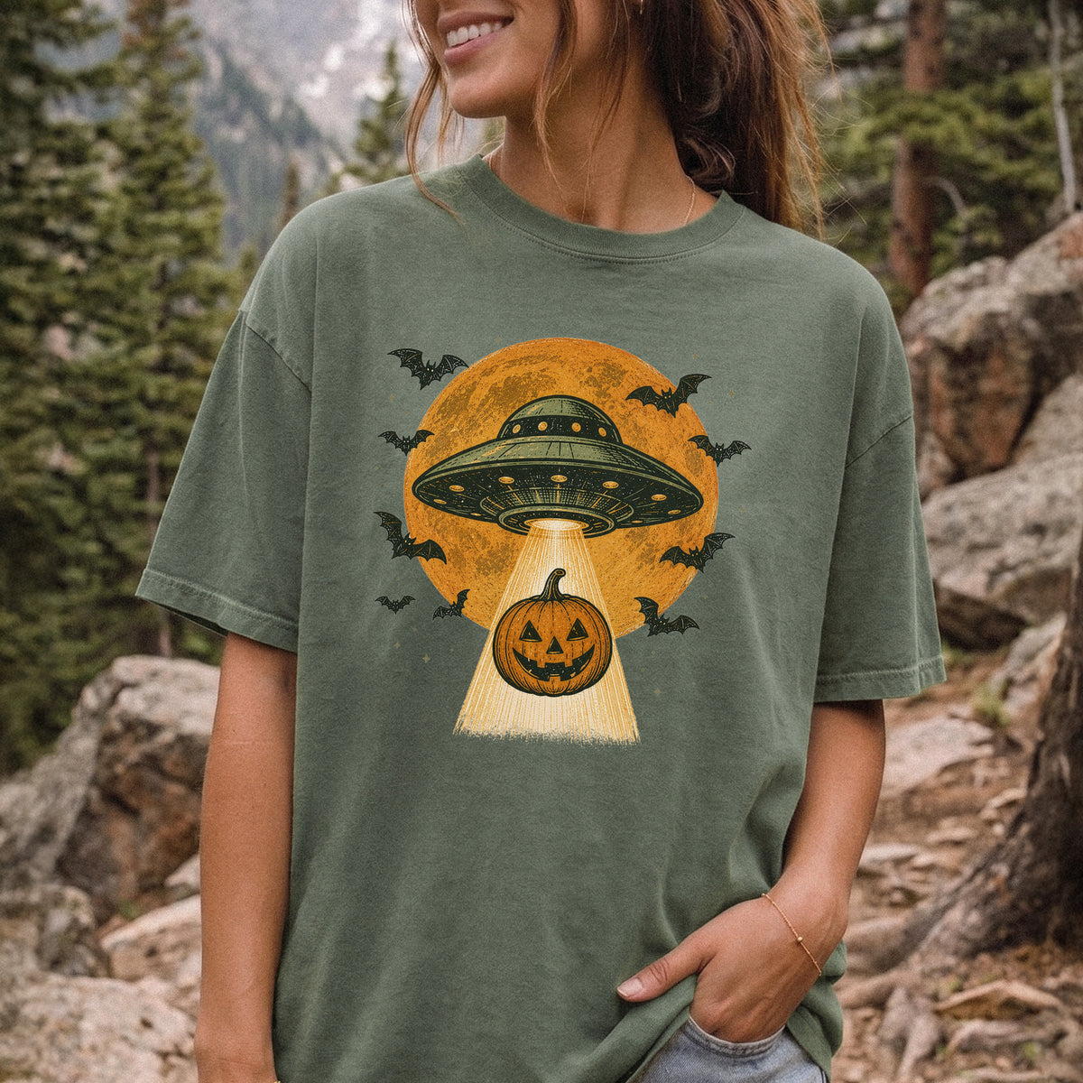 Pumpkin Pickup UFO Alien Abduction Retro Halloween Sci-Fi Comfort Colors Shirt