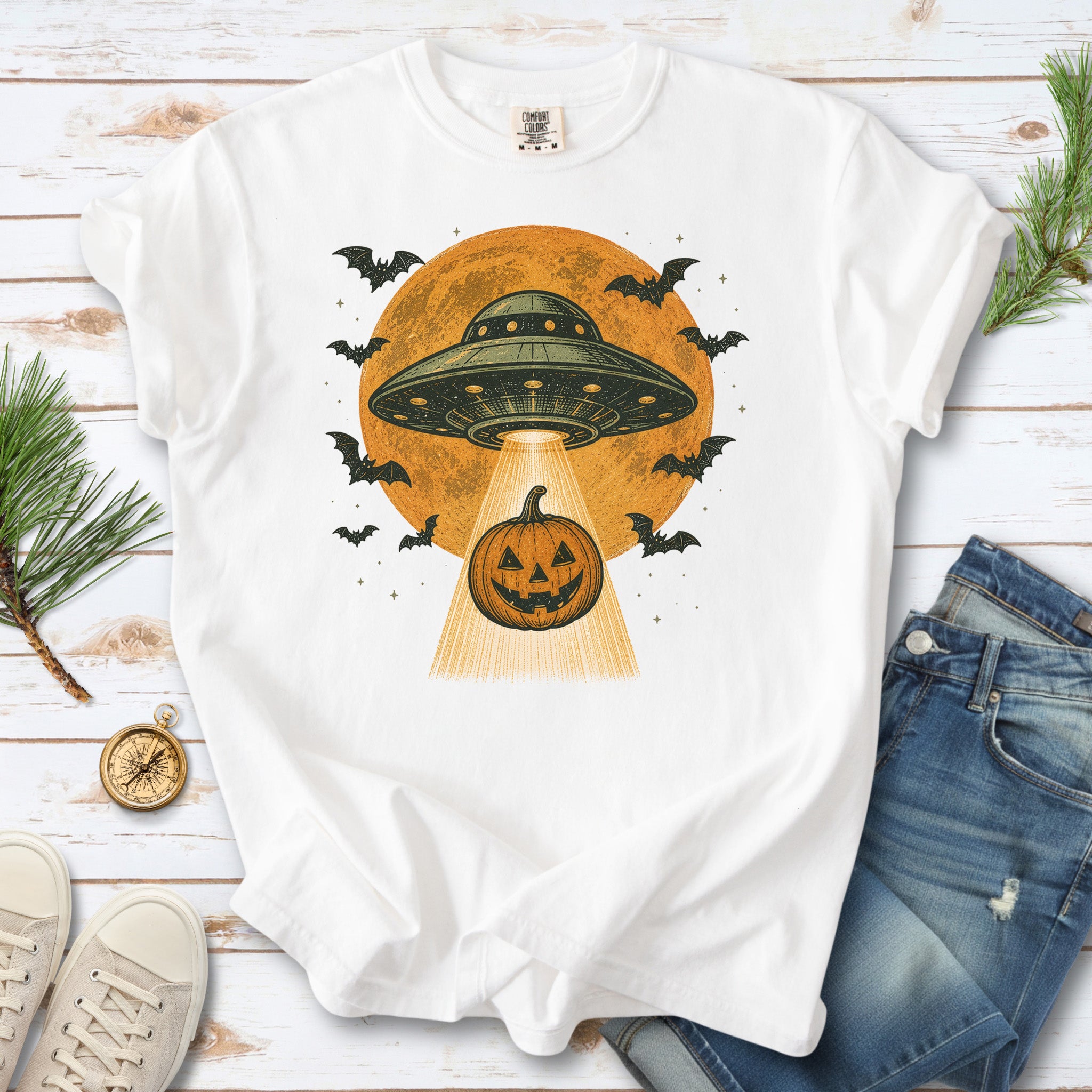 Pumpkin Pickup UFO Alien Abduction Retro Halloween Sci-Fi Comfort Colors Shirt