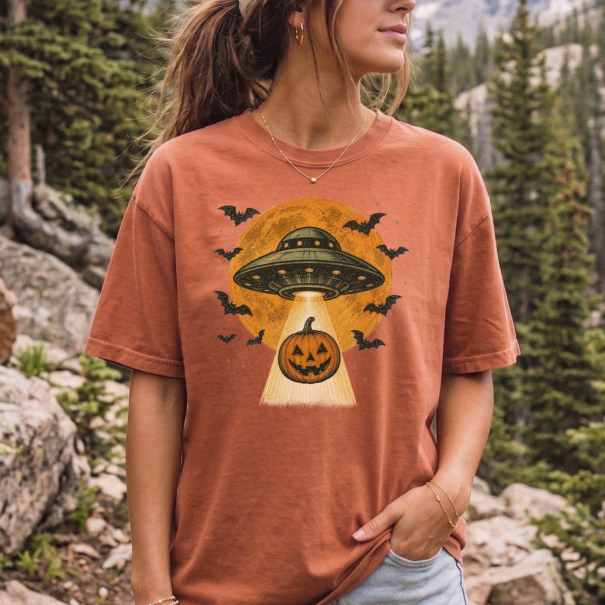 Pumpkin Pickup UFO Alien Abduction Retro Halloween Sci-Fi Comfort Colors Shirt