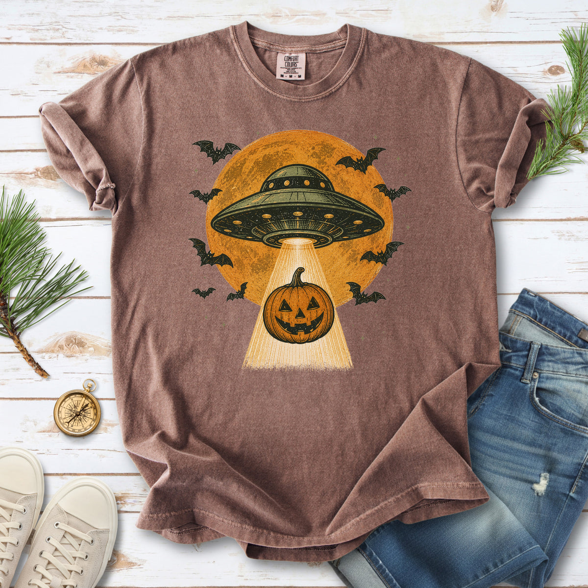 Pumpkin Pickup UFO Alien Abduction Retro Halloween Sci-Fi Comfort Colors Shirt