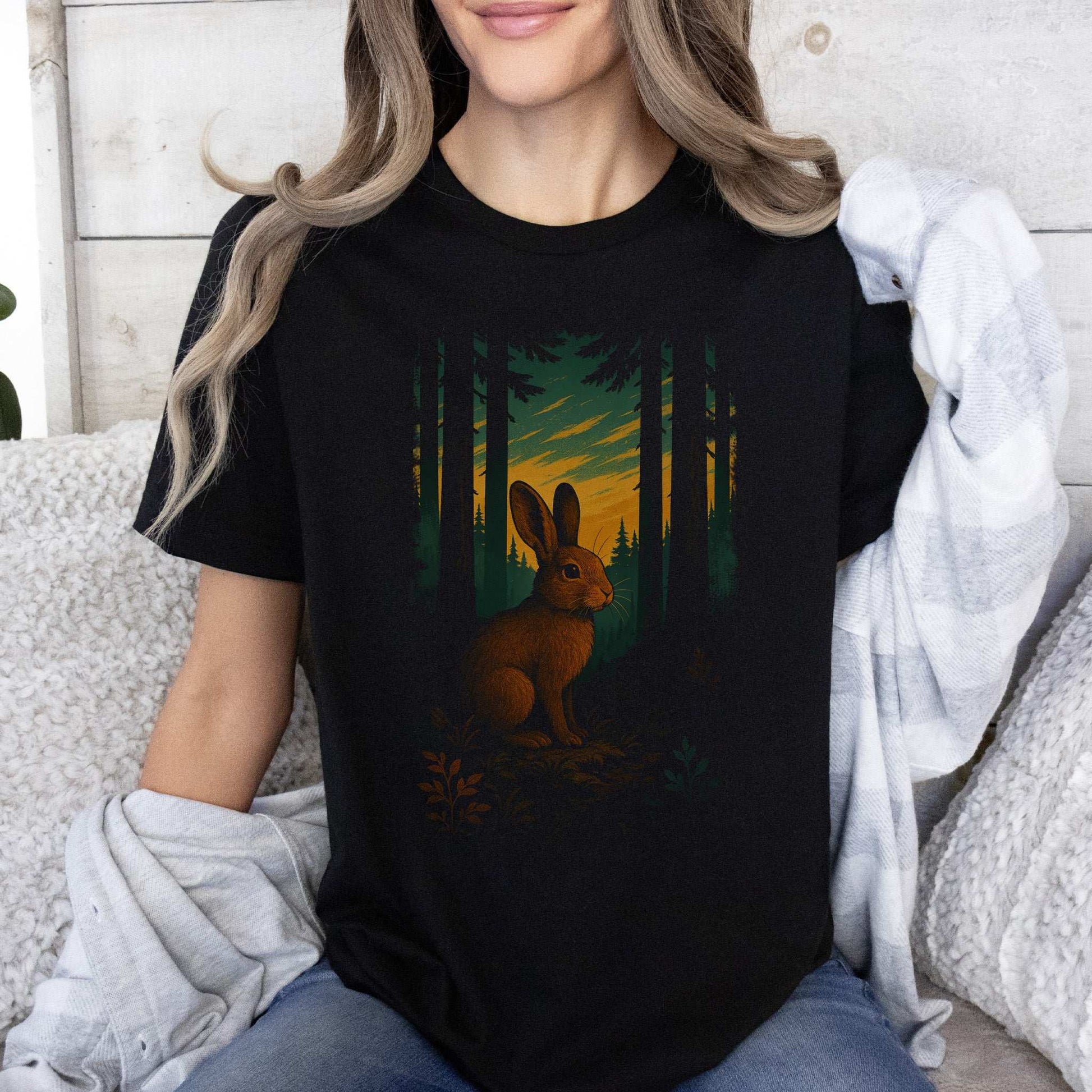 Rabbit Spirit Animal T-Shirt – Twilight Forestcore Bunny Vibes featuring a twilight rabbit in a forest setting.