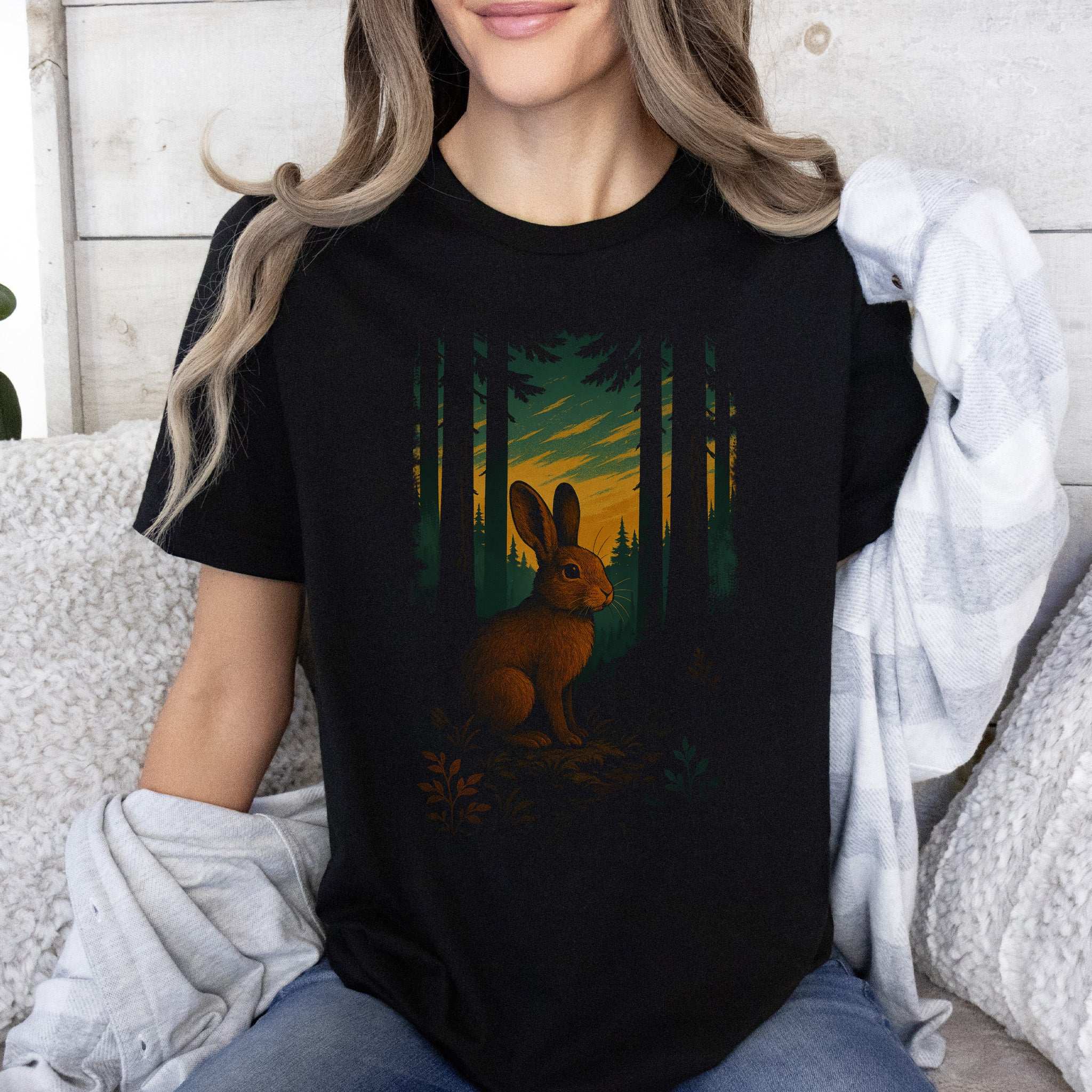Rabbit Spirit Animal T-Shirt – Twilight Forestcore Bunny Vibes featuring a twilight rabbit in a forest setting.