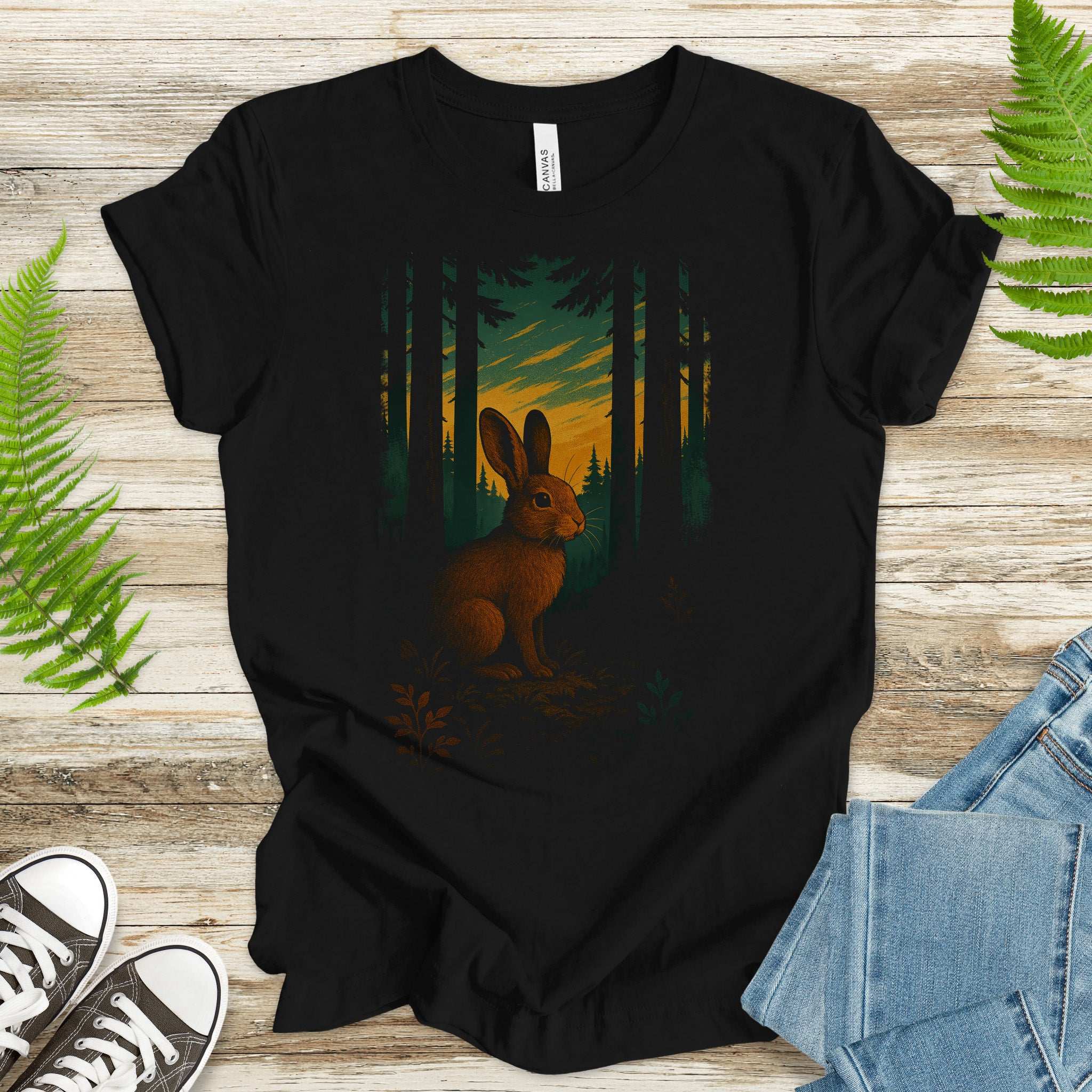 Rabbit Spirit Animal T-Shirt – Twilight Forestcore Bunny Vibes on a black tee in a forest setting.