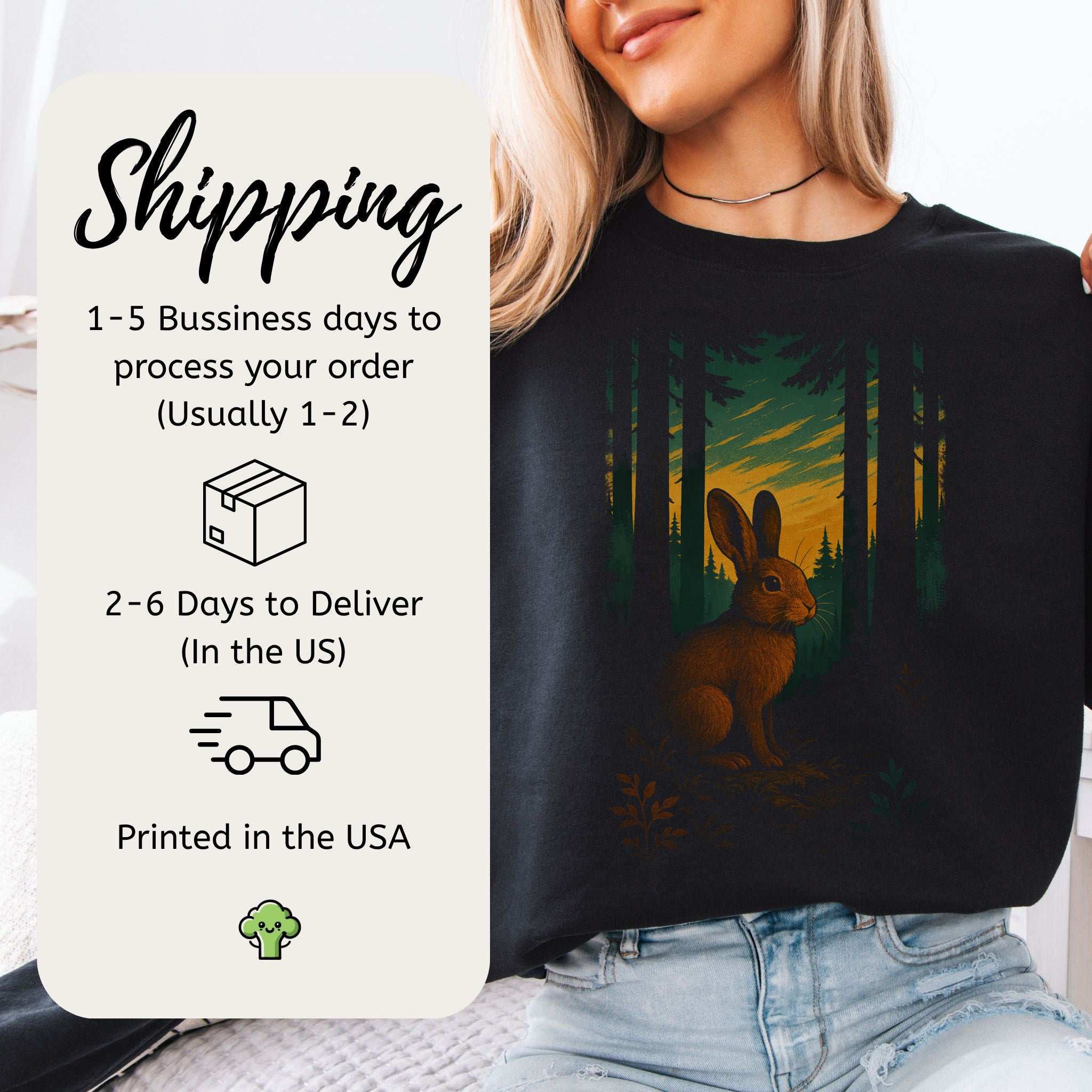 Rabbit Spirit Animal Sweatshirt – Twilight Forestcore Bunny Vibes displayed with shipping information.