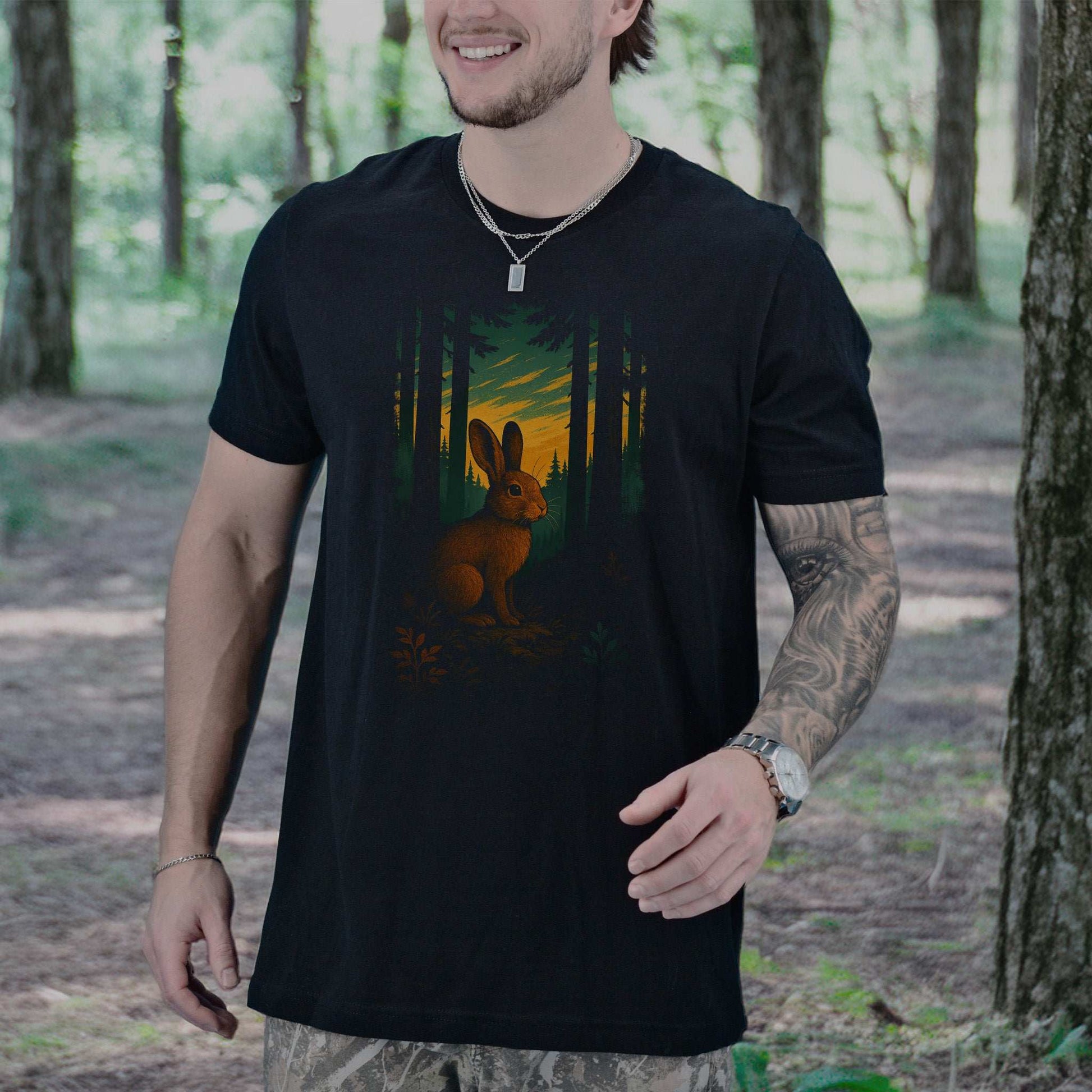 Rabbit Spirit Animal T-Shirt – Twilight Forestcore Bunny Vibes worn by a man in a forest.