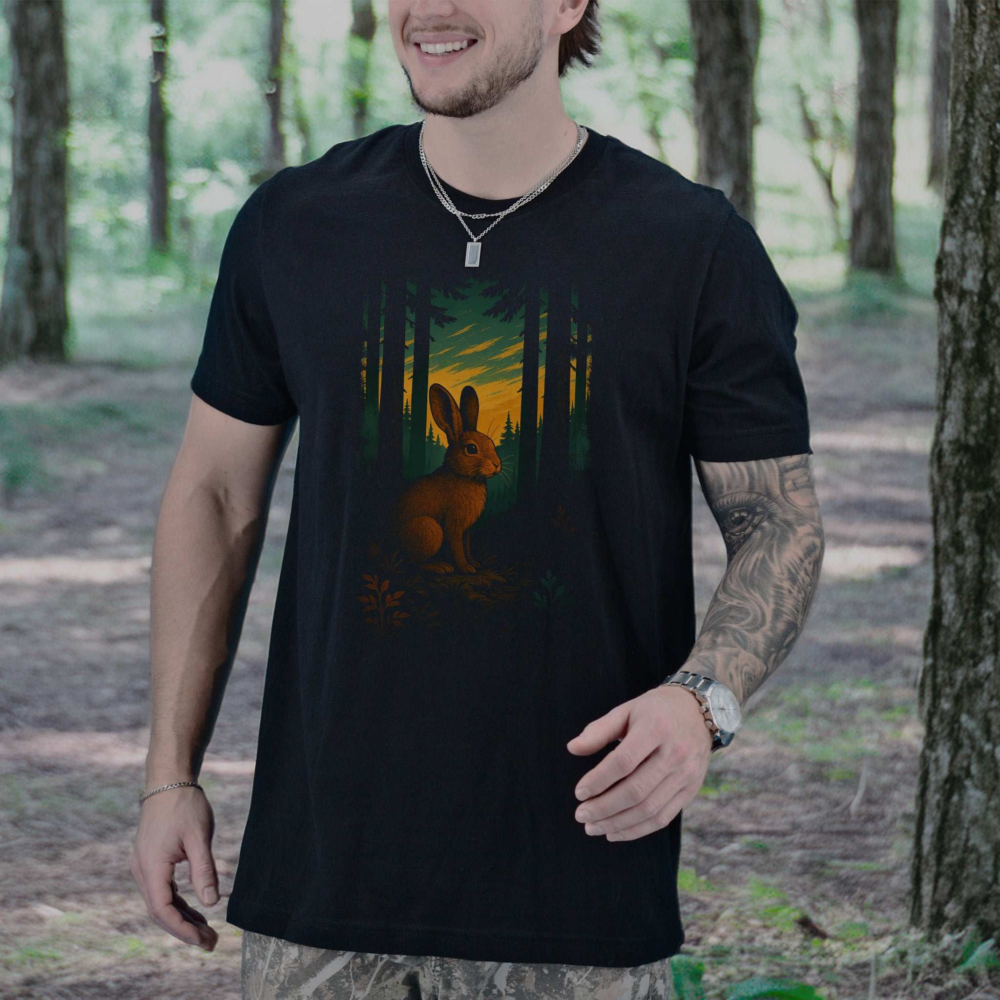 Rabbit Spirit Animal T-Shirt – Twilight Forestcore Bunny Vibes worn by a man in a forest.