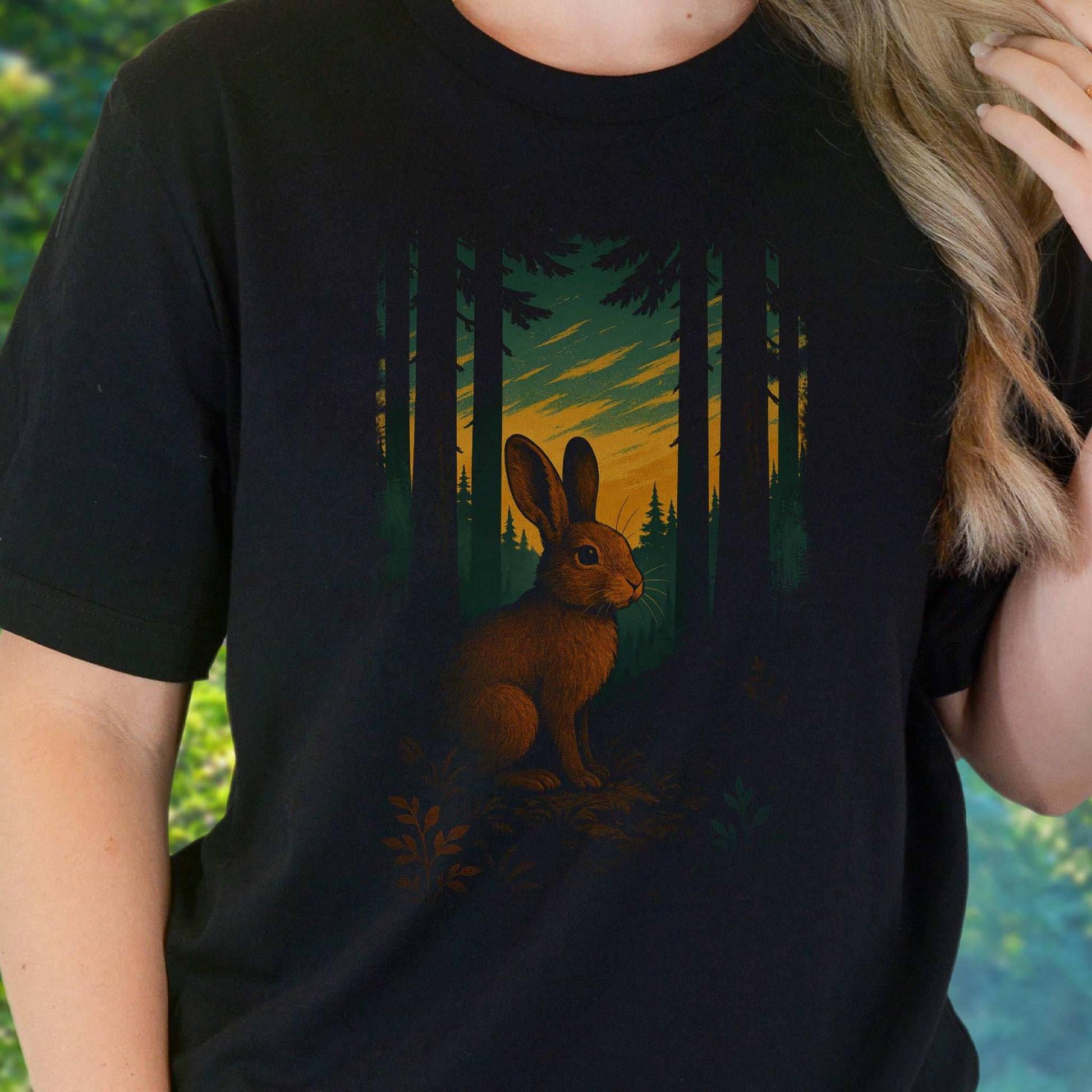 Rabbit Spirit Animal T-Shirt – Twilight Forestcore Bunny Vibes featuring a mystical rabbit in a forest setting.
