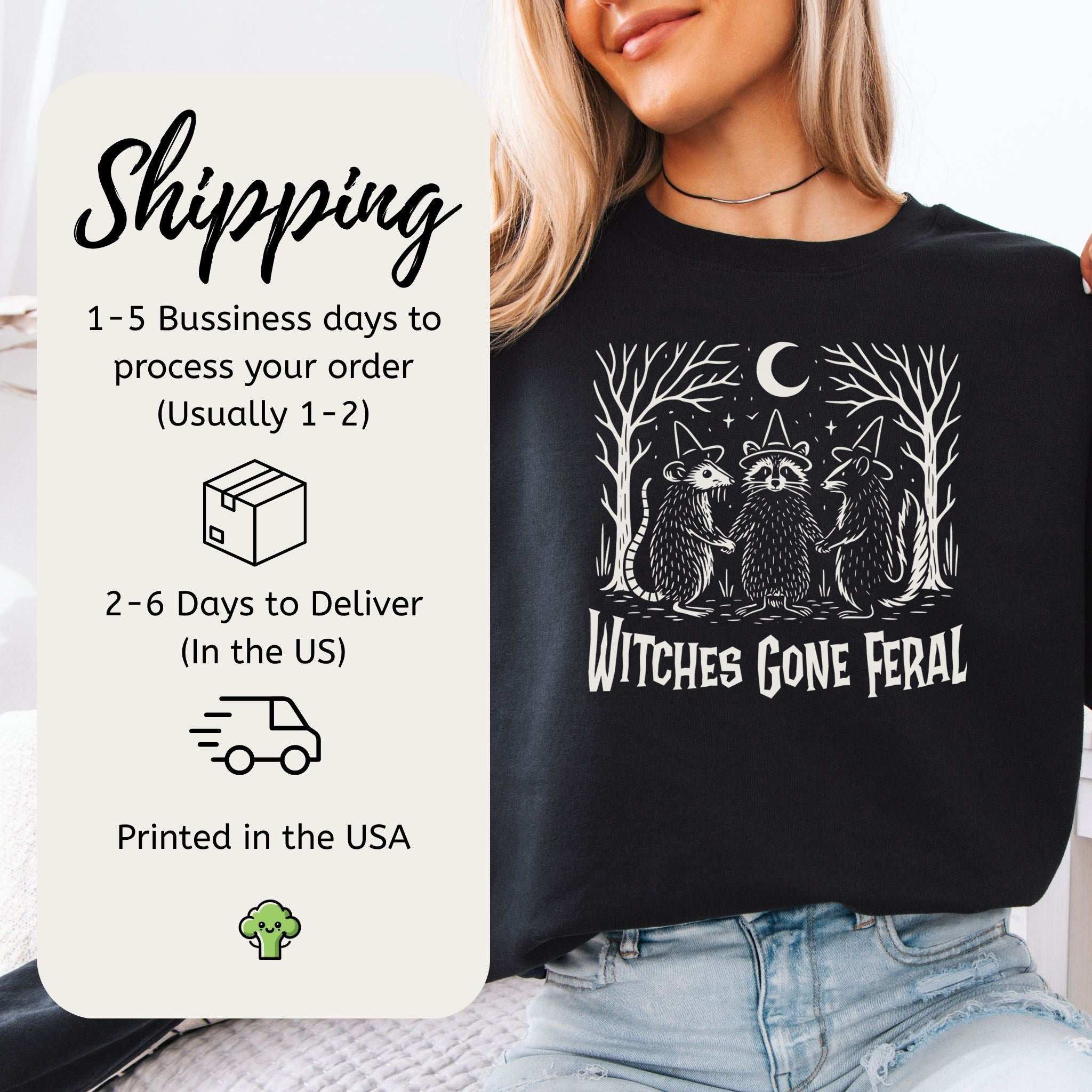 Witches Gone Feral Halloween Sweatshirt – Raccoon, Opossum & Skunk Coven Vibes
