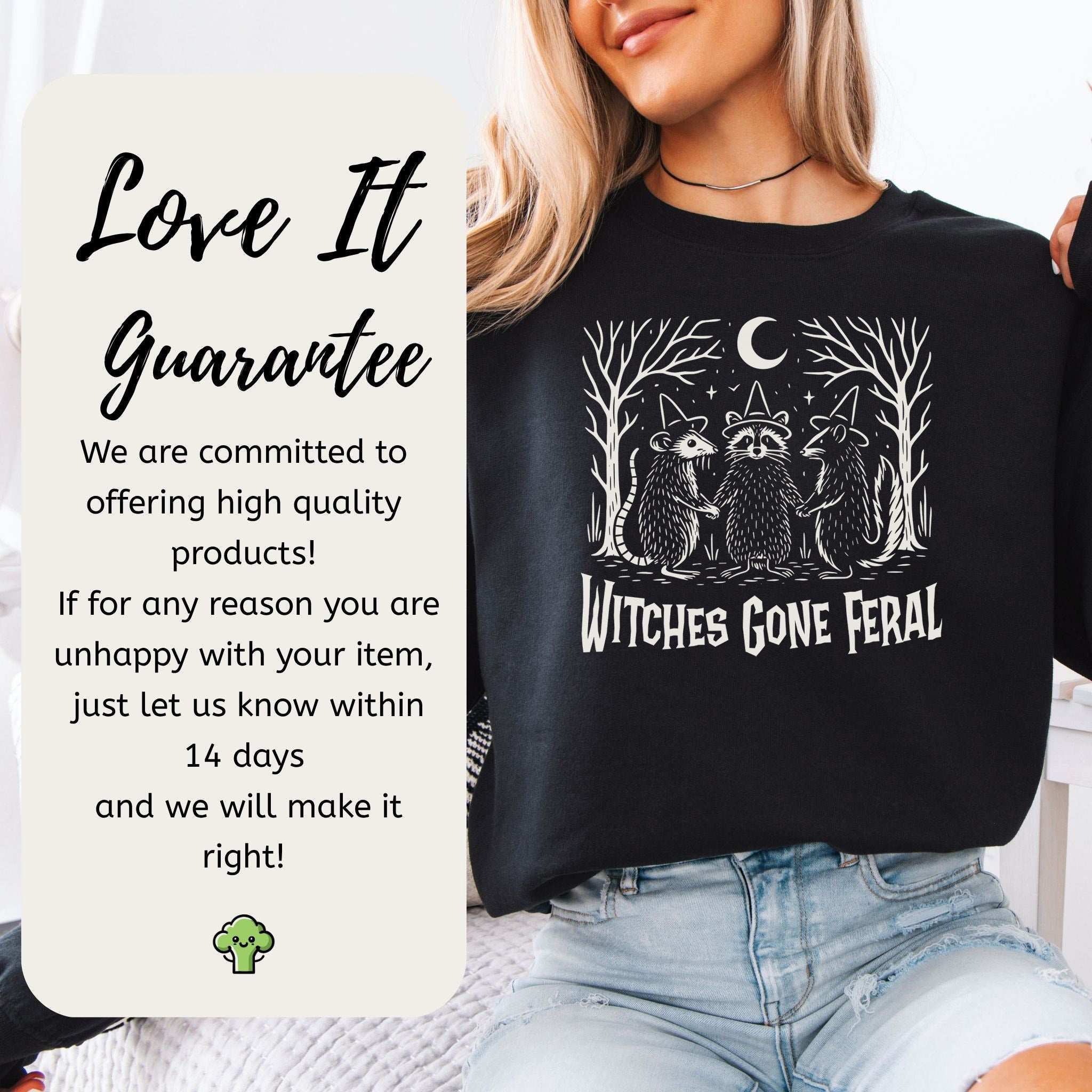 Witches Gone Feral Halloween Sweatshirt – Raccoon, Opossum & Skunk Coven Vibes