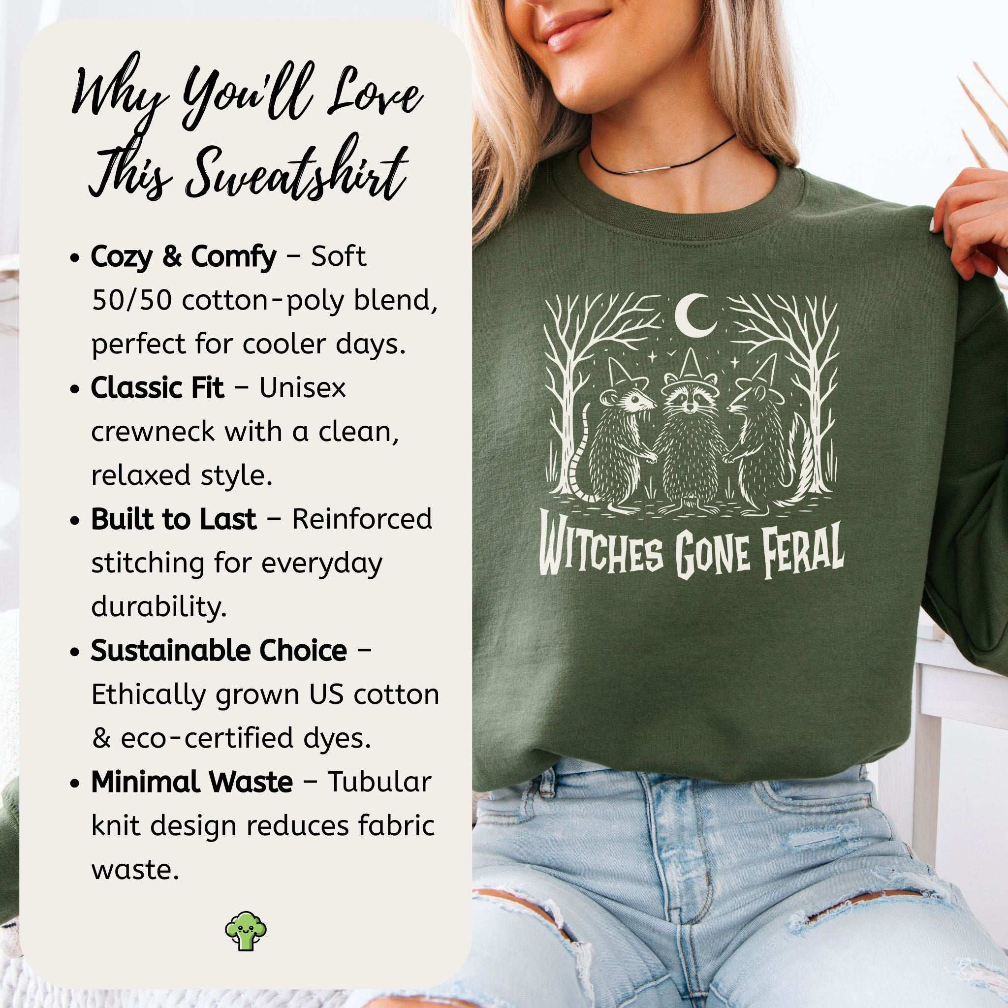 Witches Gone Feral Halloween Sweatshirt – Raccoon, Opossum & Skunk Coven Vibes