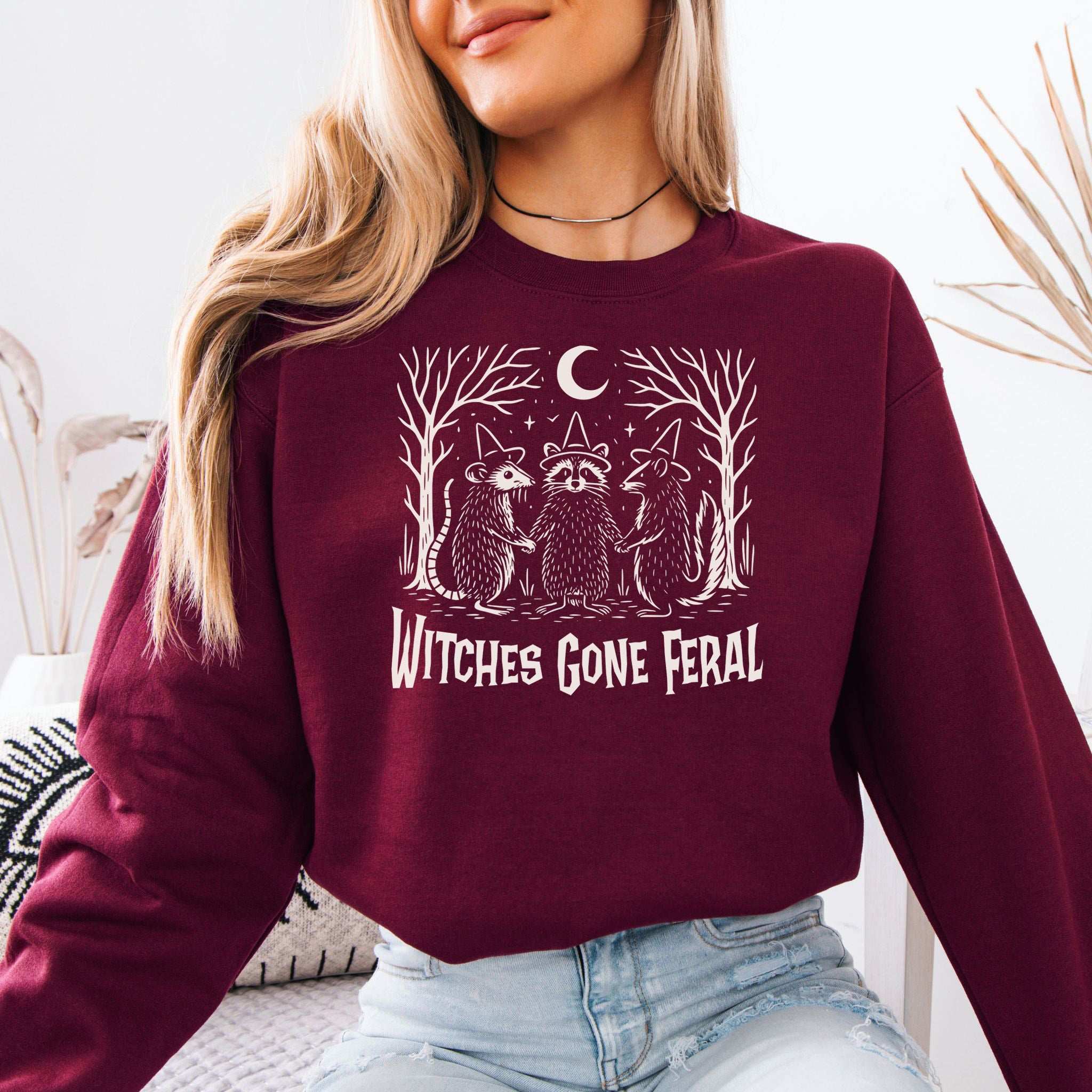 Witches Gone Feral Halloween Sweatshirt – Raccoon, Opossum & Skunk Coven Vibes
