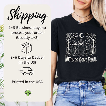 Witches Gone Feral Halloween T-Shirt featuring raccoon, opossum, and skunk design, with shipping details displayed next to model.