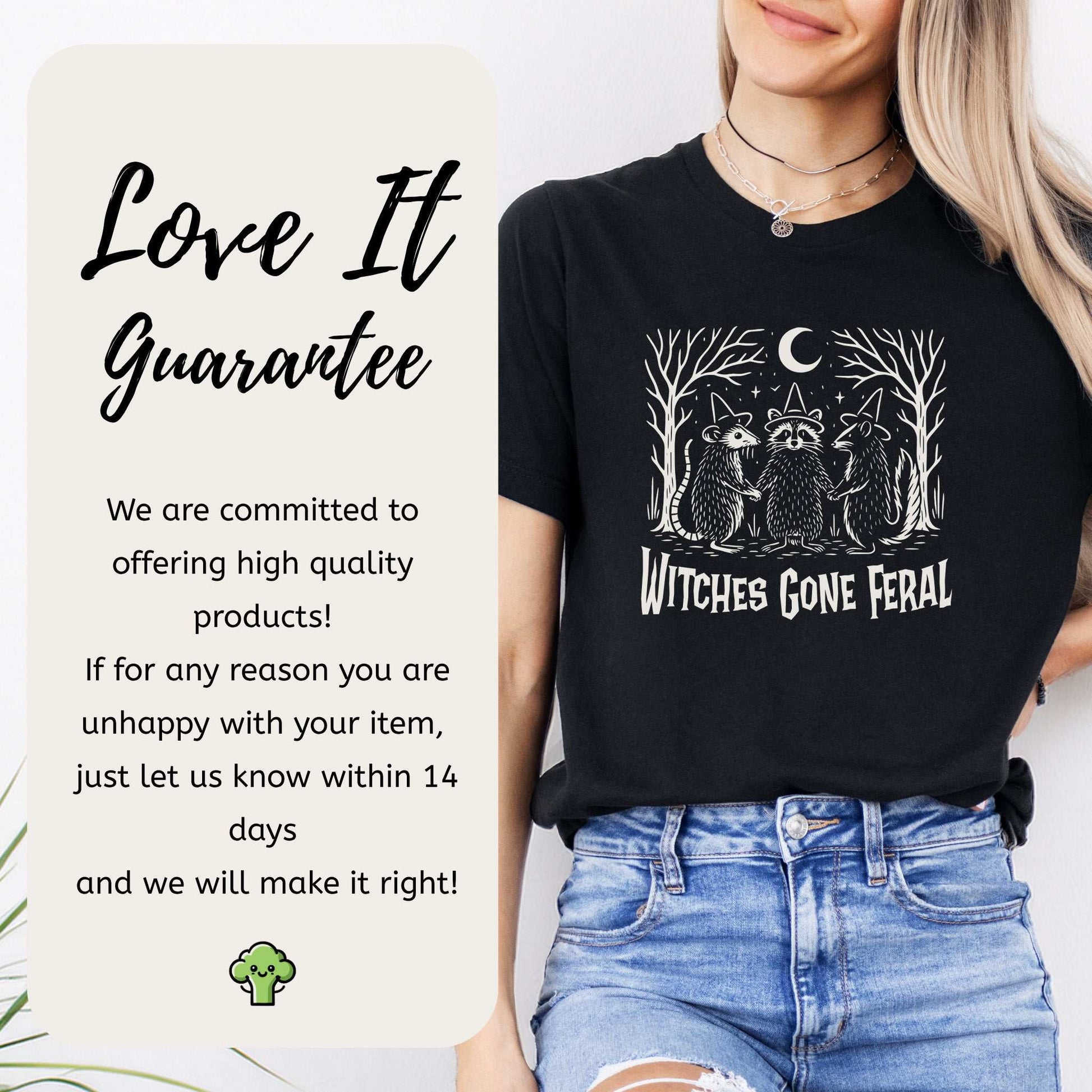 Witches Gone Feral Halloween T-shirt featuring a raccoon, opossum, and skunk under a crescent moon.