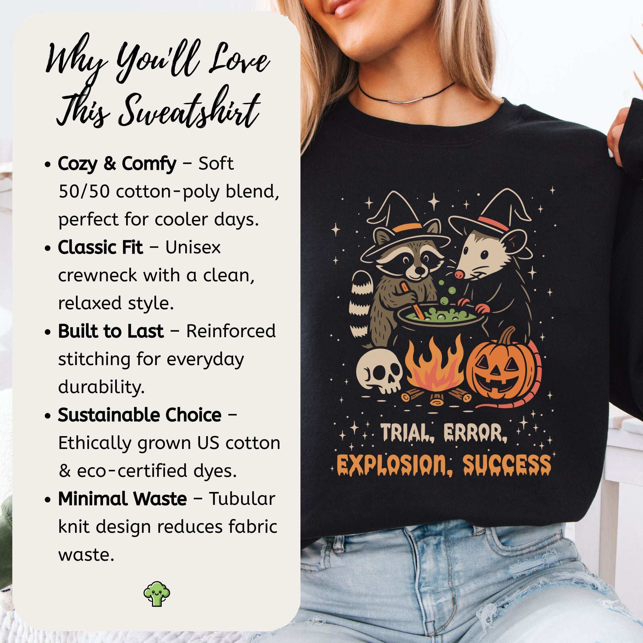 Potion Explosion Halloween Sweatshirt – Raccoon & Opossum Witch Lab Chaos