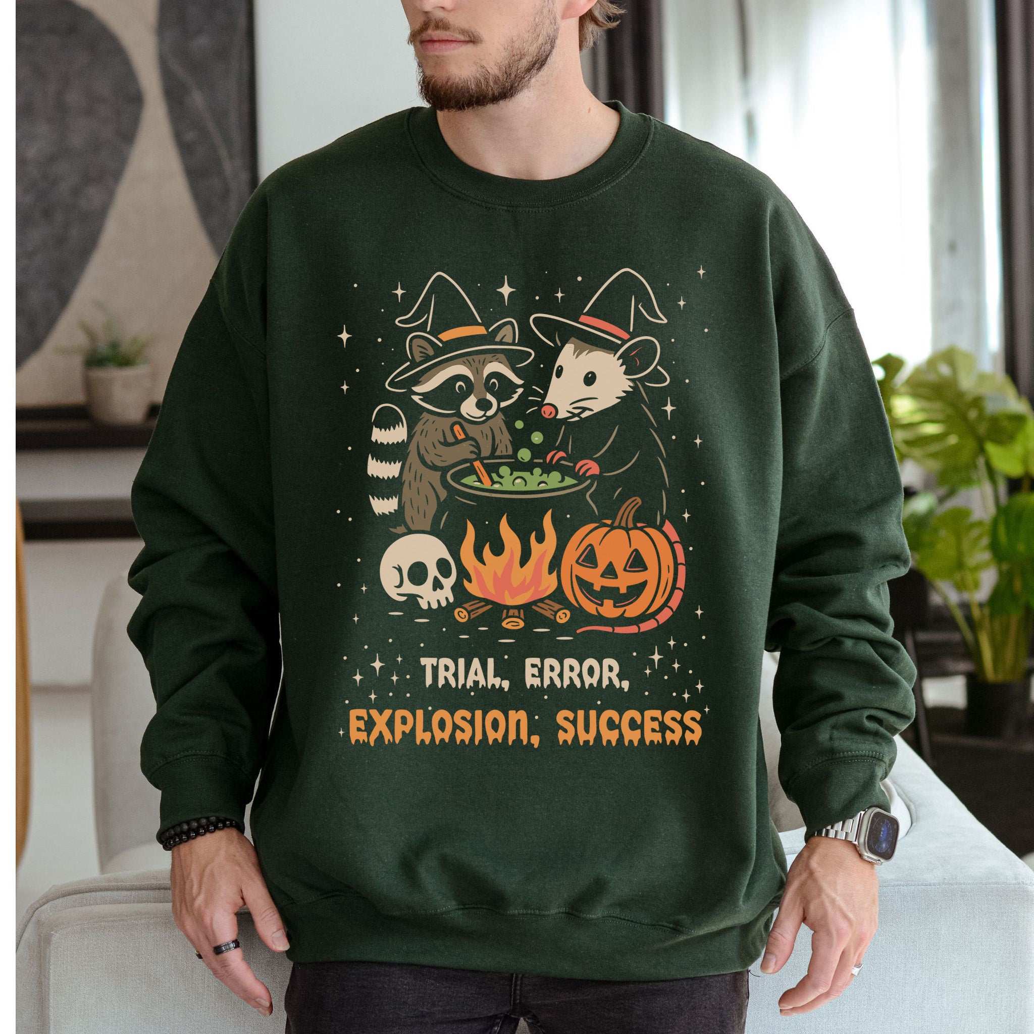 Potion Explosion Halloween Sweatshirt – Raccoon & Opossum Witch Lab Chaos