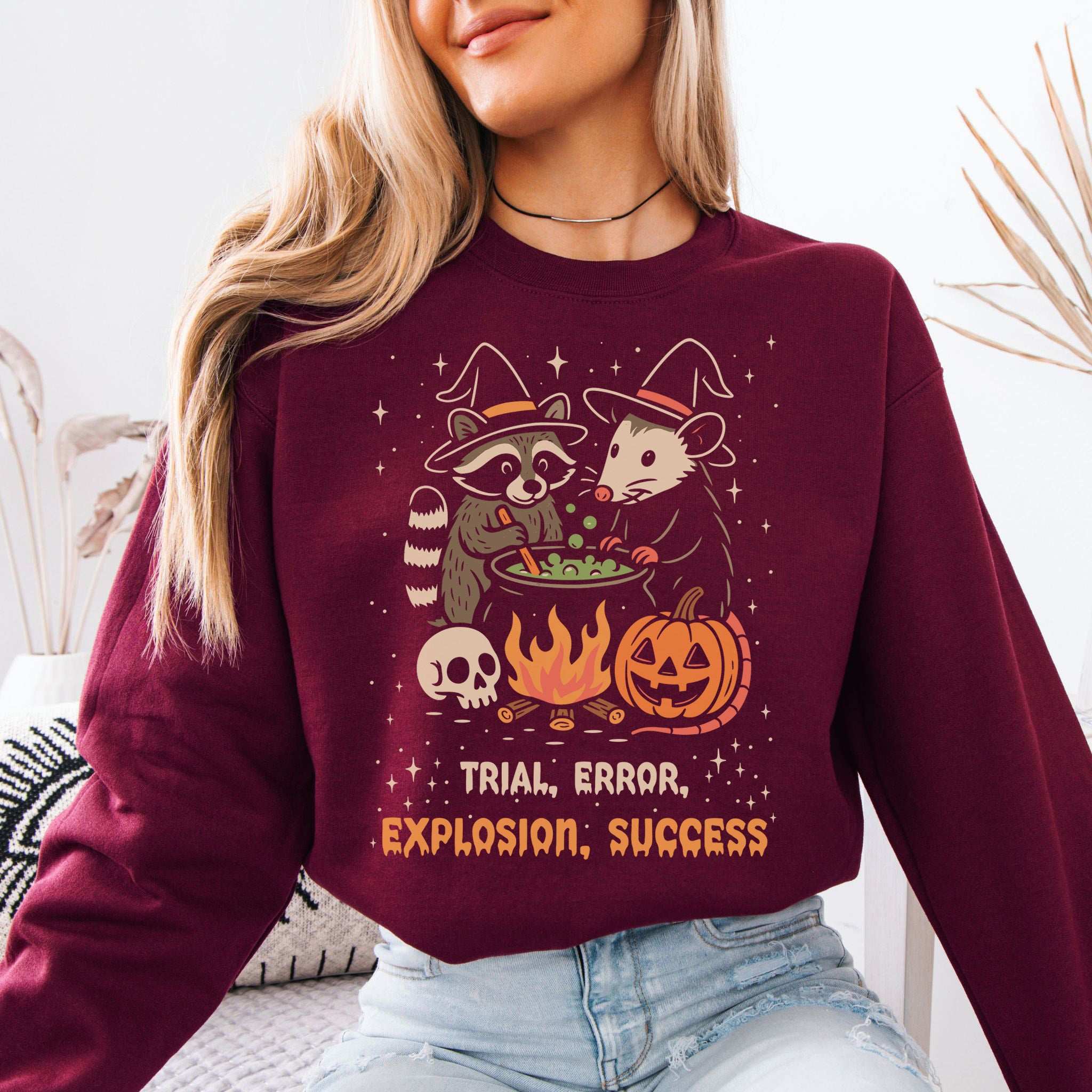 Potion Explosion Halloween Sweatshirt – Raccoon & Opossum Witch Lab Chaos