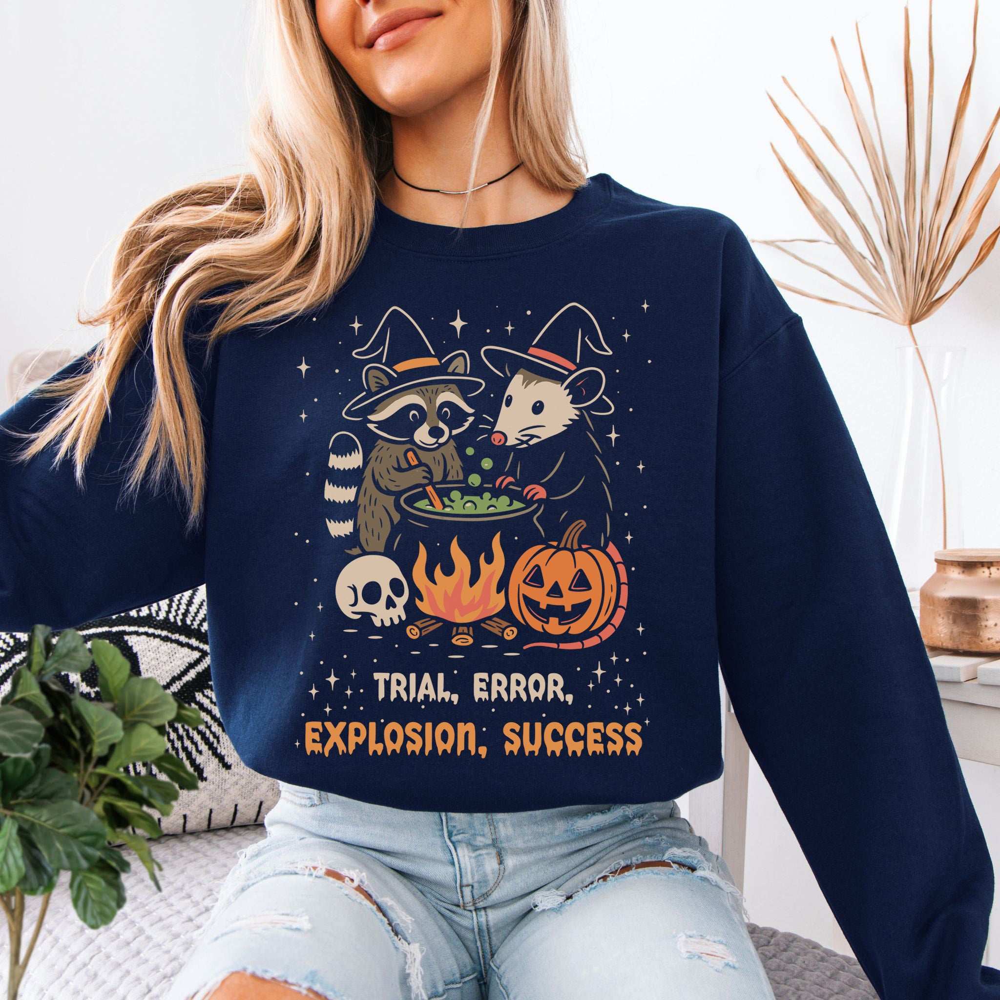 Potion Explosion Halloween Sweatshirt – Raccoon & Opossum Witch Lab Chaos