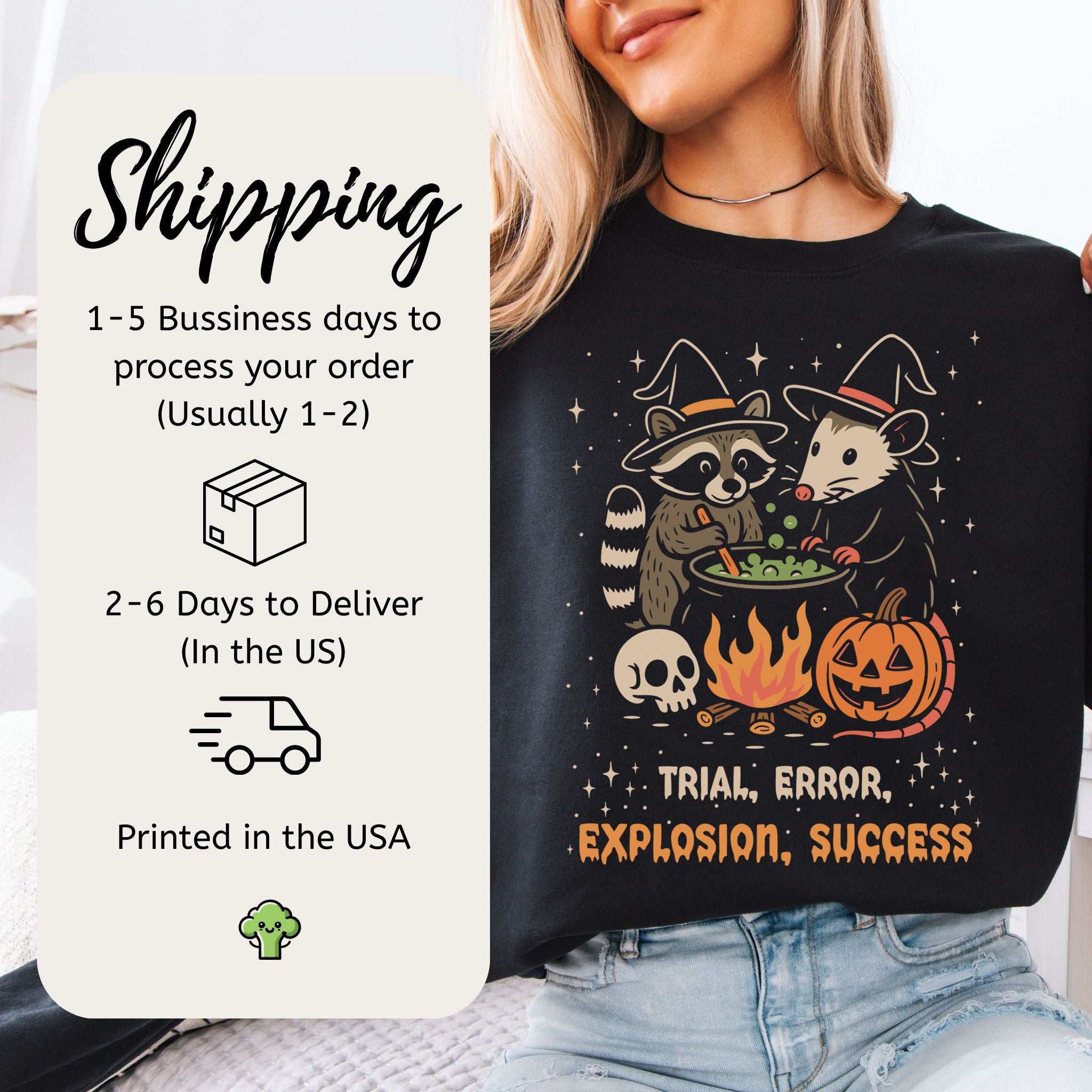 Potion Explosion Halloween Sweatshirt – Raccoon & Opossum Witch Lab Chaos