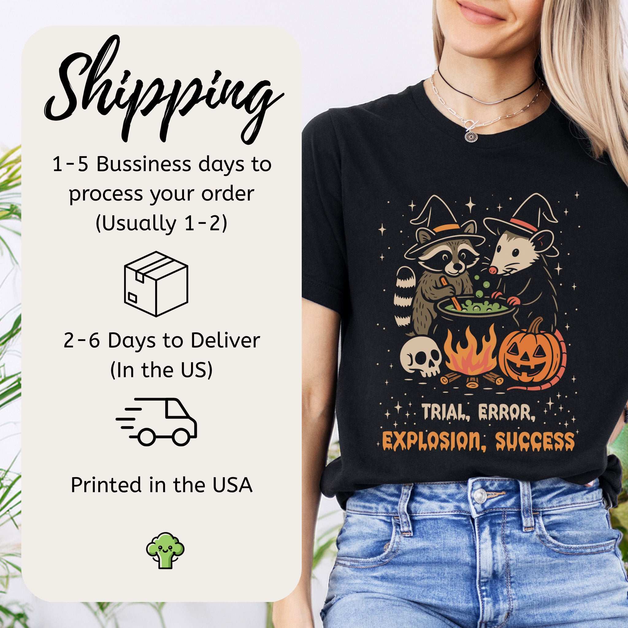 Potion Explosion Halloween T-shirt featuring raccoon and opossum in witch hats, perfect for Fall vibes.