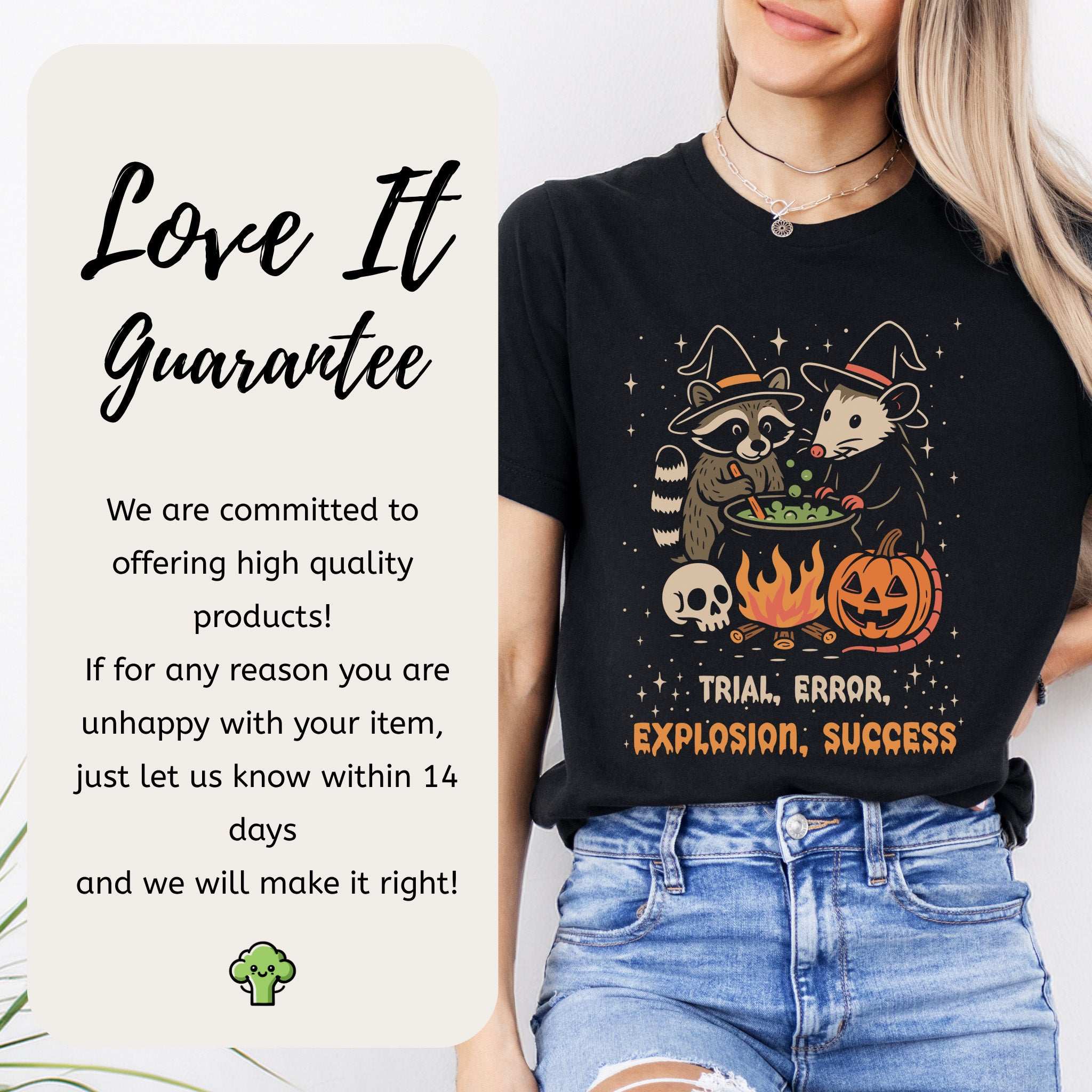 Potion Explosion Halloween T-shirt featuring a raccoon and opossum in witch attire, capturing retro Halloween vibes.