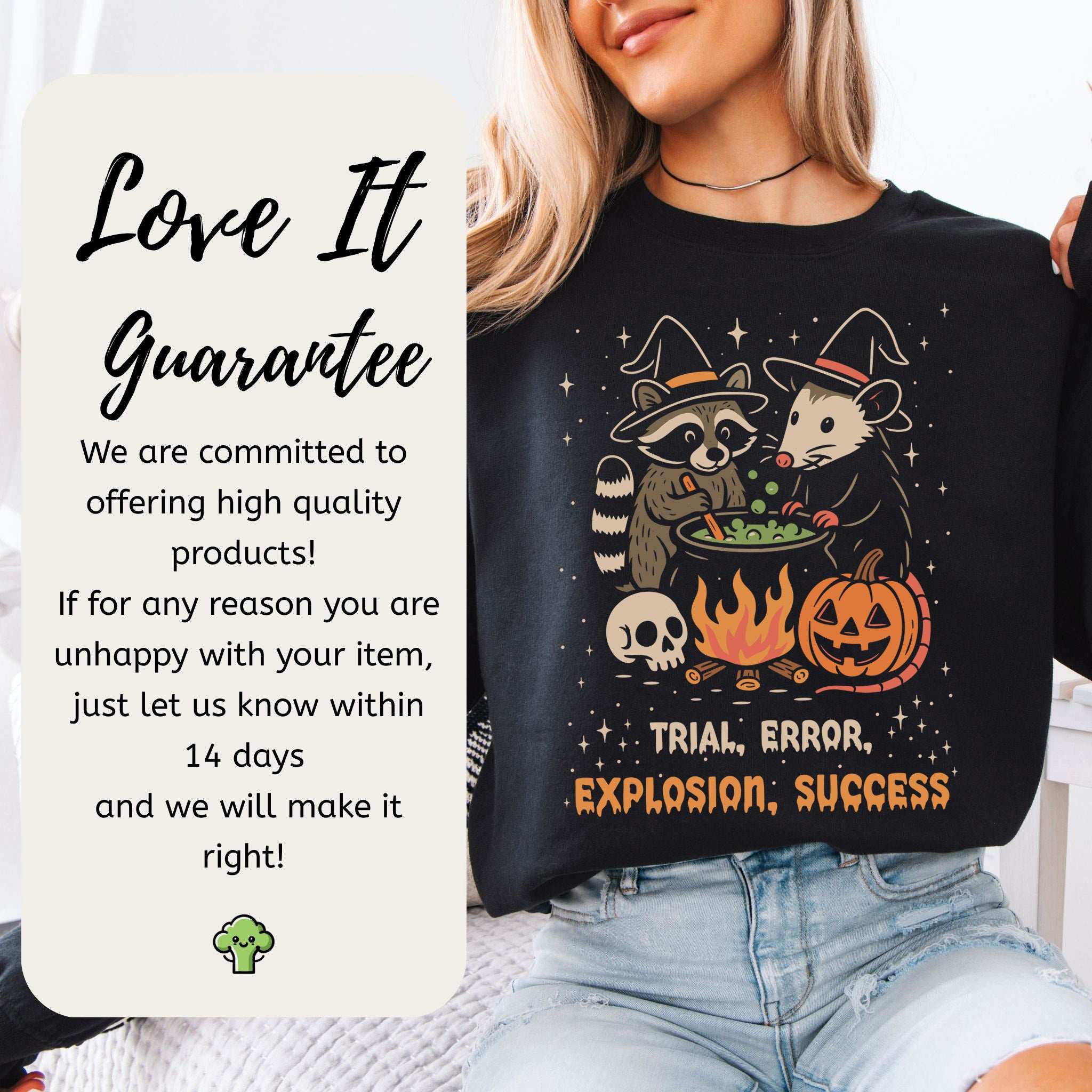 Potion Explosion Halloween Sweatshirt – Raccoon & Opossum Witch Lab Chaos