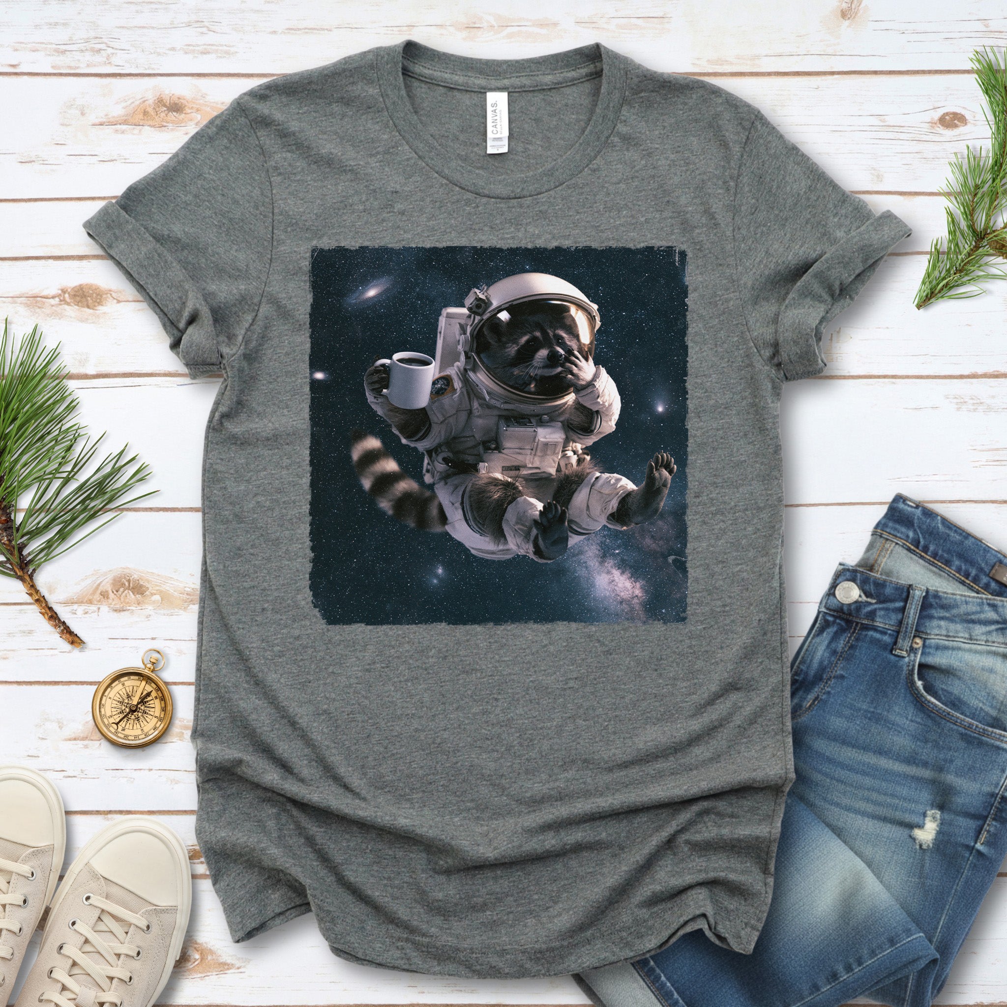 Raccoon Coffee Break Astronaut Funny Space Coffee Lover Gift T-Shirt