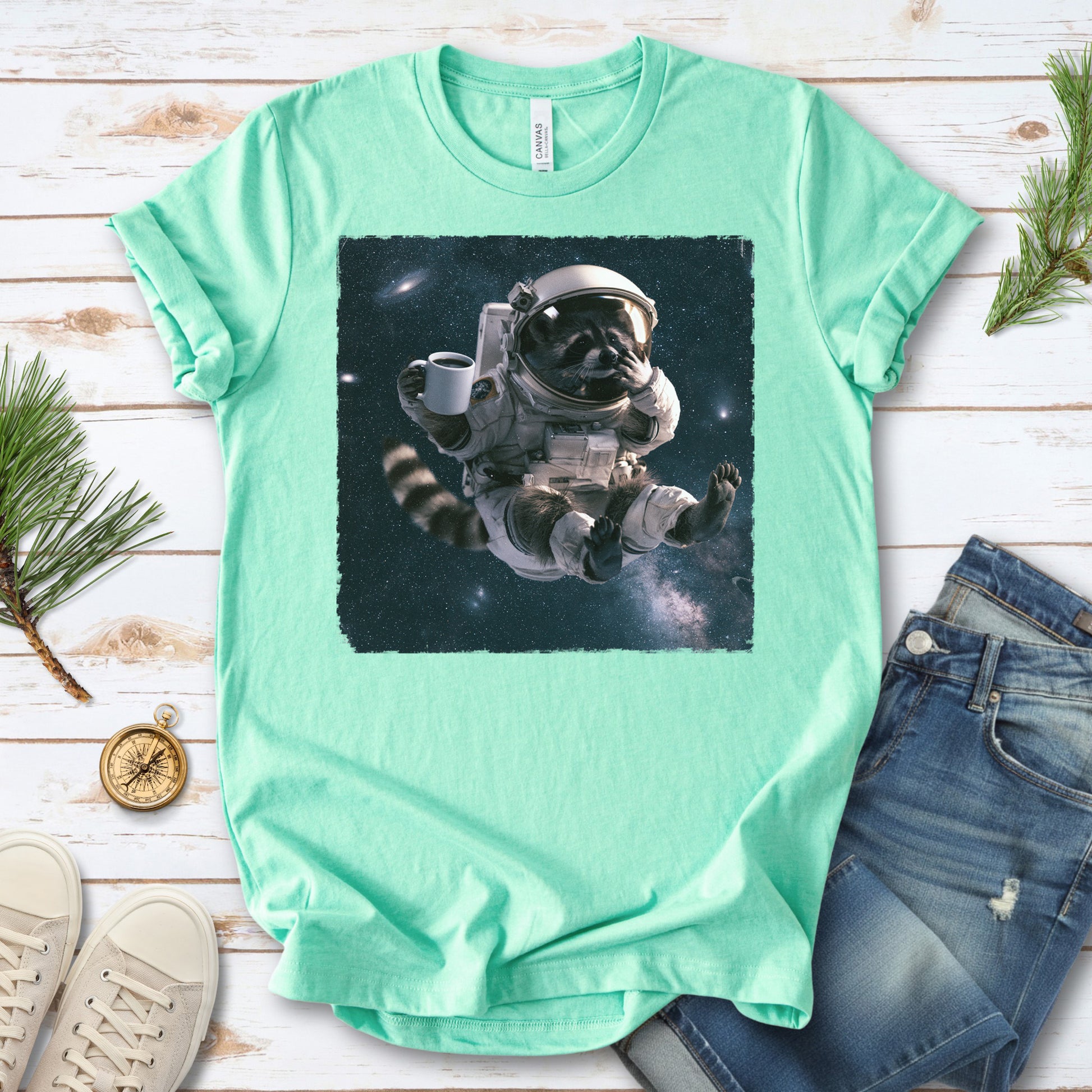 Raccoon Coffee Break Astronaut Funny Space Coffee Lover Gift T-Shirt