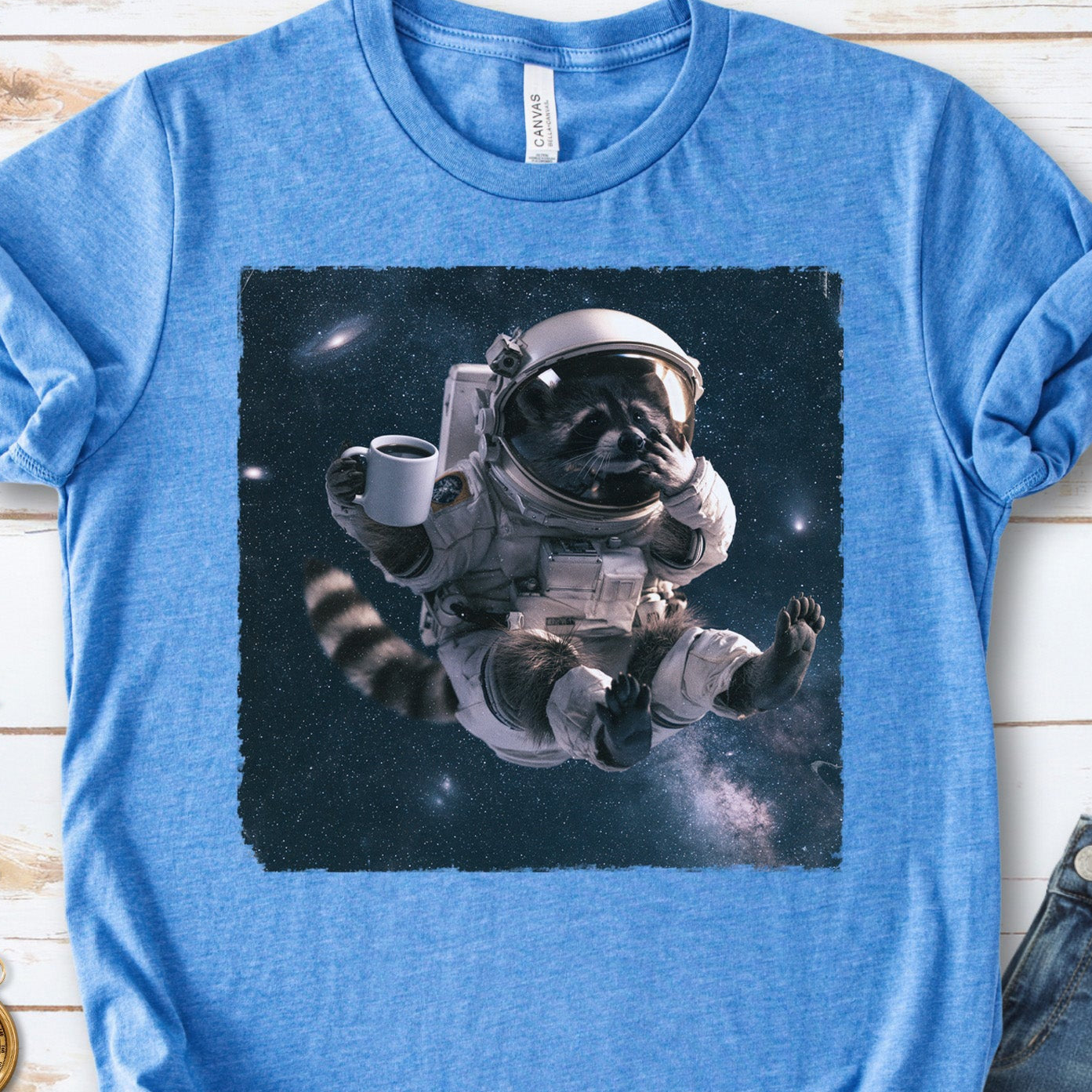 Raccoon Coffee Break Astronaut Funny Space Coffee Lover Gift T-Shirt