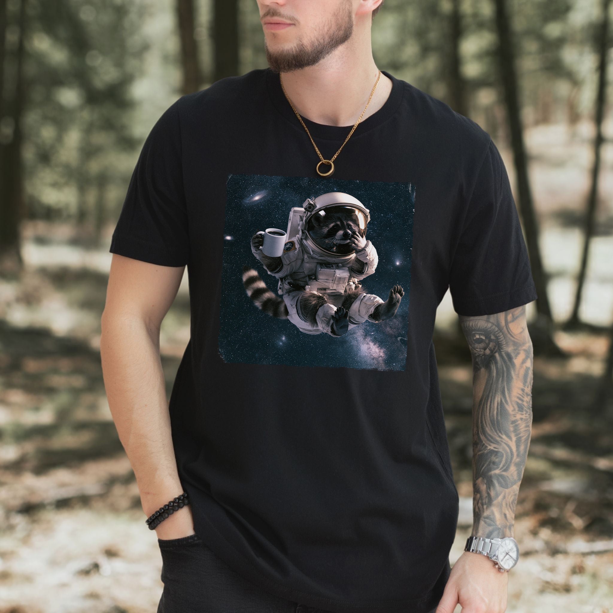 Raccoon Coffee Break Astronaut Funny Space Coffee Lover Gift T-Shirt