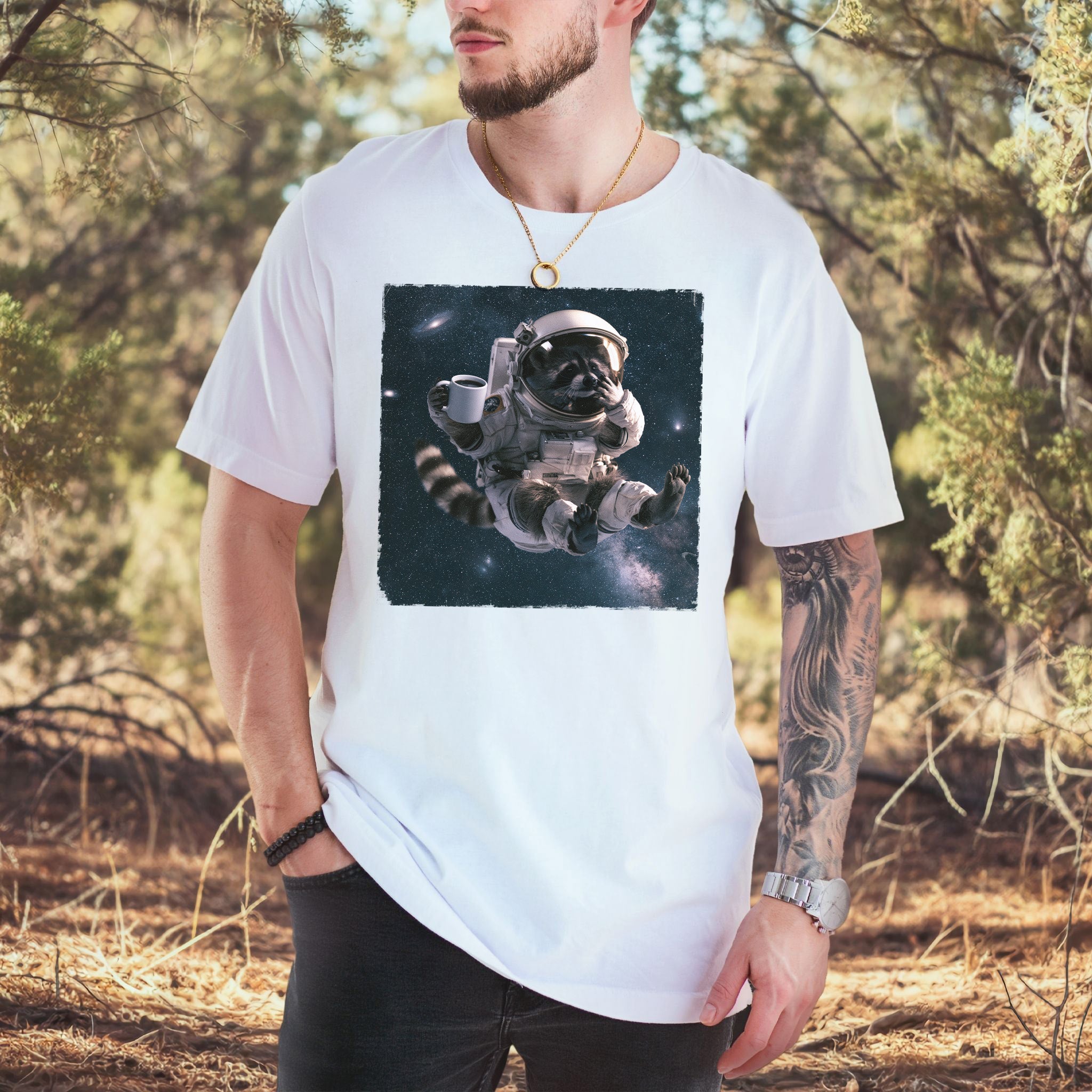 Raccoon Coffee Break Astronaut Funny Space Coffee Lover Gift T-Shirt