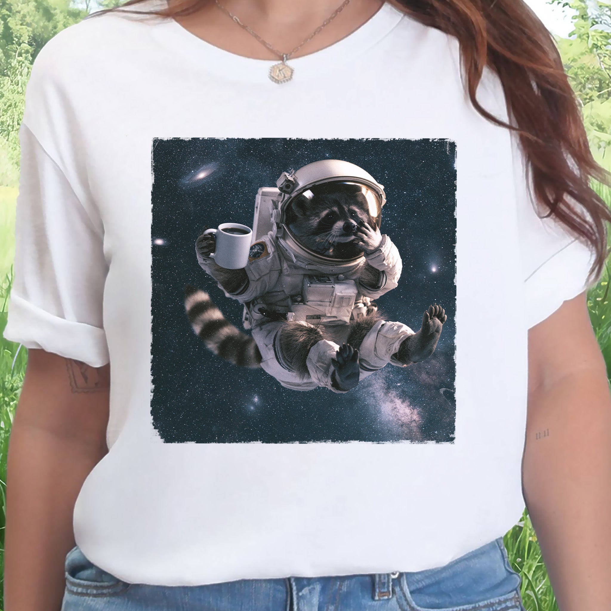Raccoon Coffee Break Astronaut Funny Space Coffee Lover Gift T-Shirt